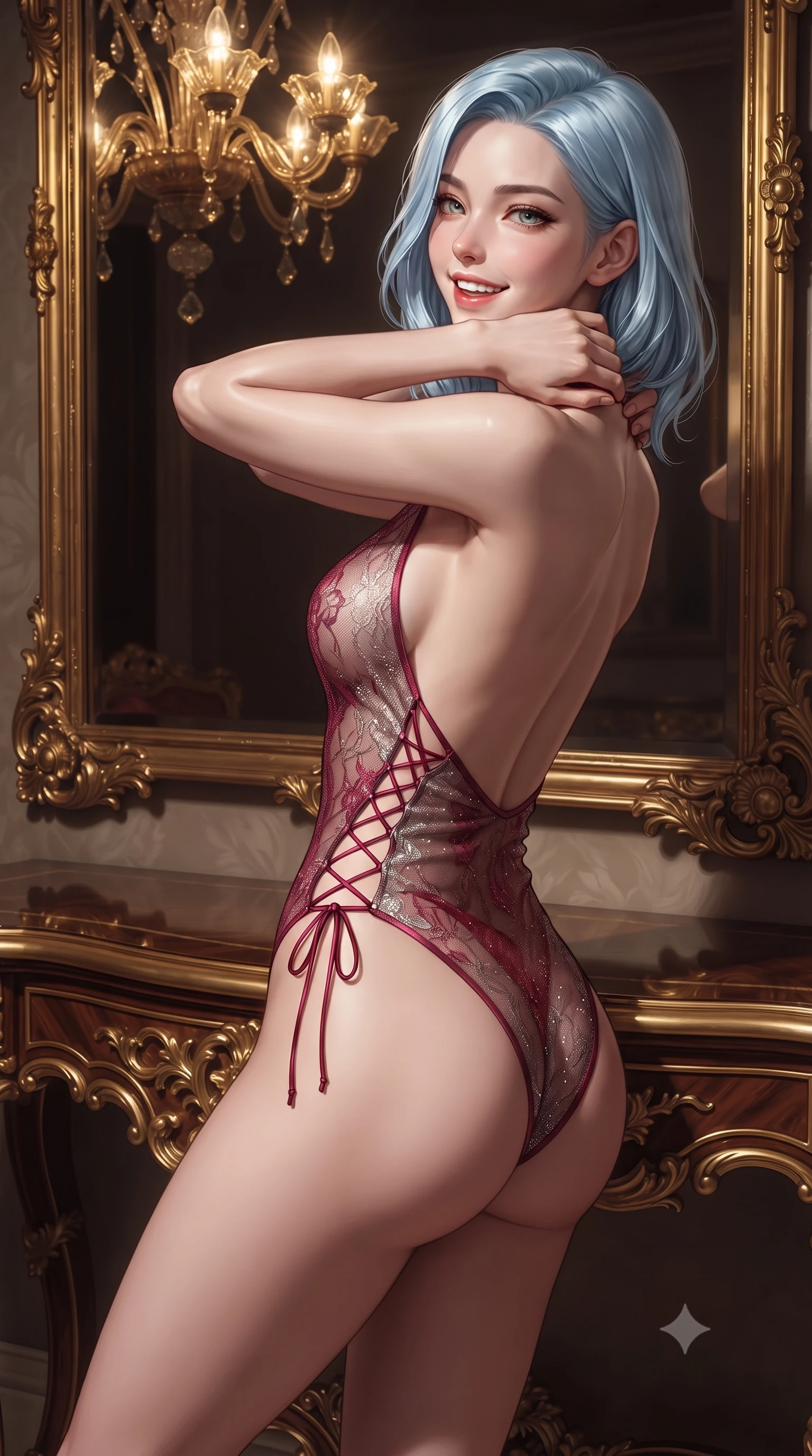score_9, masterpiece, best quality, ultra-detailed, high-budget anime keyframe, editorial fashion photography, tasteful artistic composition, Korean woman. close-up cowboy shot from the waist and thighs up, the character dominates the composition, filling the frame with her large presence. resting both hands lightly behind her neck with elbows raised, arching her spine to highlight her narrow waist, flat midriff, and breathtaking collarbones while leaning against the gilded console table with hips cocked back, looking into the monumental antique mirror with smoldering bedroom-eyes. The surrounding environment is rendered in vivid detail and crisp panoramic clarity: sharp polished terrazzo marble chips, gold-leaf boiserie carved scrolls, and hand-blown glass petal facets in deep focus. She has an exceptionally elegant, slender, and willowy female figure with an ultra-slim waist, flat toned midriff, narrow ribcage, and sculpted feminine hips creating an alluring, slim hourglass silhouette without bulk. sharp v-shaped jawline, high-bridge nose, intricate jewel-like sparkling eyes with depth, thick eyelashes, glossy parted lips with a natural peach sheen, bright cheerful beaming smile with an enchanting and coquettish sensual glint, exuding both youthful cute charm and seductive allure, flawlessly proportioned anatomical accuracy, strict slender model proportions, natural body alignment, perfectly sculpted long slender limbs, ultra-slim waistline, clean dynamic posture without body distortion. wearing a delicate sheer Chantilly lace halter teddy with a low scoop back and high-cut leg openings in Venetian baroque ruby red and antique starlight silver, woven from stretch metallic lurex jersey casting radiant starlight glints across her curves, featuring fine criss-cross lace-up side ties revealing tantalizing glimpses of her hip curve, the second-skin tailored fabric adhering flawlessly to her sculpted flat midriff and slender torso, emphasizing her long leg lines and perfectly proportioned willowy build. bathed in the multi-faceted sparkling illumination of the antique Murano chandelier dimmed to a sultry golden glow. ultra-reflective glossy finish, specular highlights, rich textural contrasts, high-contrast stereoscopic depth, volumetric dynamic lighting, 2k, ultra detail, master piece, 9:16 ratio