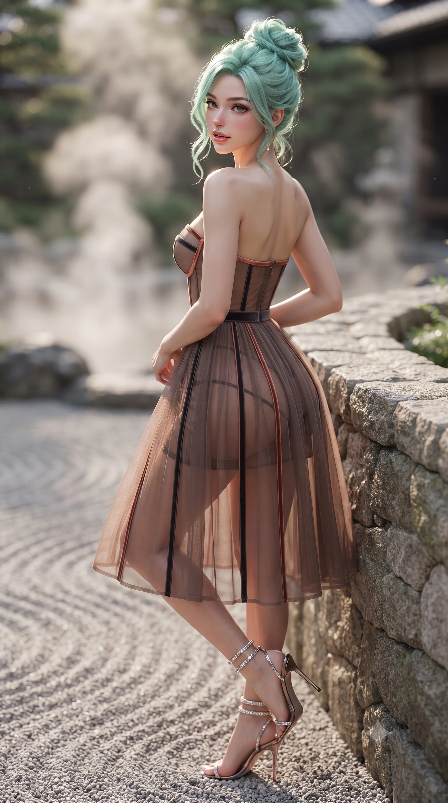 score_9, masterpiece, best quality, ultra-detailed, high-budget anime keyframe, editorial fashion photography, tasteful artistic composition, Japanese woman. close-up cowboy shot from the waist and thighs up, the character dominates the composition, filling the frame with her large presence. posing in an alluring rear three-quarter angle, looking over a bare shoulder with parted glossy lips, her hips cocked back to highlight her slim hourglass curve while leaning against the stone garden wall with hips cocked back, casting an alluring bedroom-gaze past raked gravel patterns. The background shows a soft-focus billowing thermal steam softened in private Higashiyama Zen estate shallow focus. She has an exceptionally elegant, slender, and willowy female figure with an ultra-slim waist, flat toned midriff, narrow ribcage, and sculpted feminine hips creating an alluring, slim hourglass silhouette without bulk. sharp v-shaped jawline, high-bridge nose, intricate jewel-like sparkling eyes with depth, thick eyelashes, glossy parted lips with a natural peach sheen, bright cheerful beaming smile with an enchanting and coquettish sensual glint, exuding both youthful cute charm and seductive allure, flawlessly proportioned anatomical accuracy, strict slender model proportions, natural body alignment, perfectly sculpted long slender limbs, ultra-slim waistline, clean dynamic posture without body distortion. wearing a provocative semi-sheer tulle cocktail dress with velvet ribbon piping contouring her narrow waist and hips in Tribeca warm copper rose and espresso charcoal, woven from buttery-soft stretch lambskin leather adhering to her body like a second skin, complemented by strappy stiletto sandals with crystal ankle wraps accentuating her slender calves, the liquid-tight tailored fabric clinging flawlessly to her narrow waist and rounded feminine hips, emphasizing every millimeter of her sculpted slim hourglass curves without any bulky heaviness. illuminated by raked gravel reflection bounce and sharp platinum-gold rim lights sculpting her features, flat midriff, and slender waist. ultra-reflective glossy finish, specular highlights, rich textural contrasts, high-contrast stereoscopic depth, volumetric dynamic lighting, 2k, ultra detail, master piece, 9:16 ratio