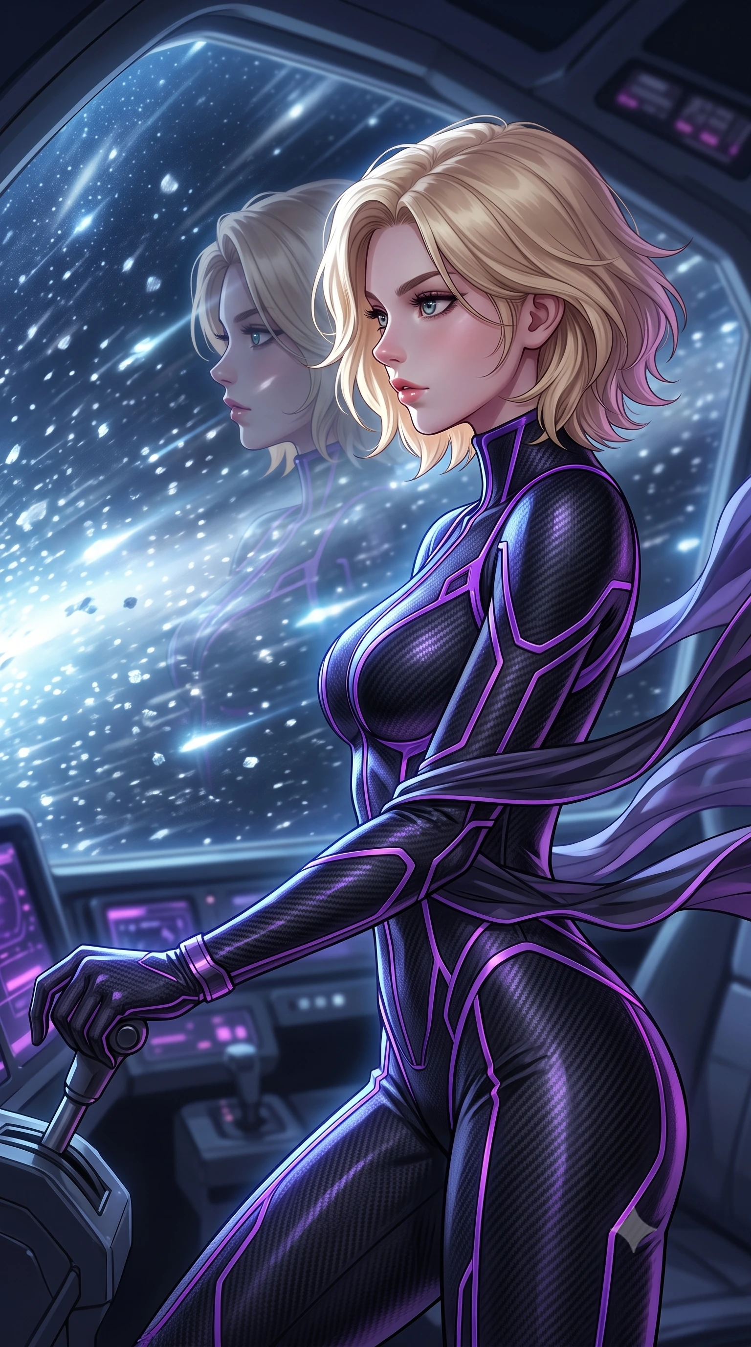 score_9, masterpiece, best quality, ultra-detailed, high-budget anime keyframe, editorial fashion photography, tasteful artistic composition, Caucasian woman, strictly human ears. close-up cowboy shot from the waist and thighs up, the character dominates the composition, filling the frame with her large presence, background elements kept in soft focus. Initiating a jump to hyperdrive, her face caught in a dramatic profile reflection on the cockpit glass. set against a soft-focus background of flying through the tail of a giant comet, ice crystals and silver dust rushing past at high speed in the dark. She has an exceptionally elegant and slender, willowy female figure with an ultra-slim waist, a gracefully sculpted slender torso, and a refined slim physique. sharp v-shaped jawline, high-bridge nose, intricate jewel-like eyes with depth, thick eyelashes, glossy lips with a natural sheen. wearing the lightweight fabric rippling and billowing dramatically with her movement, a tailored form-fitting catsuit in carbon-fiber black with neon violet highlights, tracing her athletic, slender build. highly saturated vibrant anime colors, intense vivid color palette, soft 3D volumetric shading, volumetric dynamic lighting, brilliant blue-white starlight reflecting off the ice particles in streaks. 2k, ultra detail, master piece, 9:16 ratio
