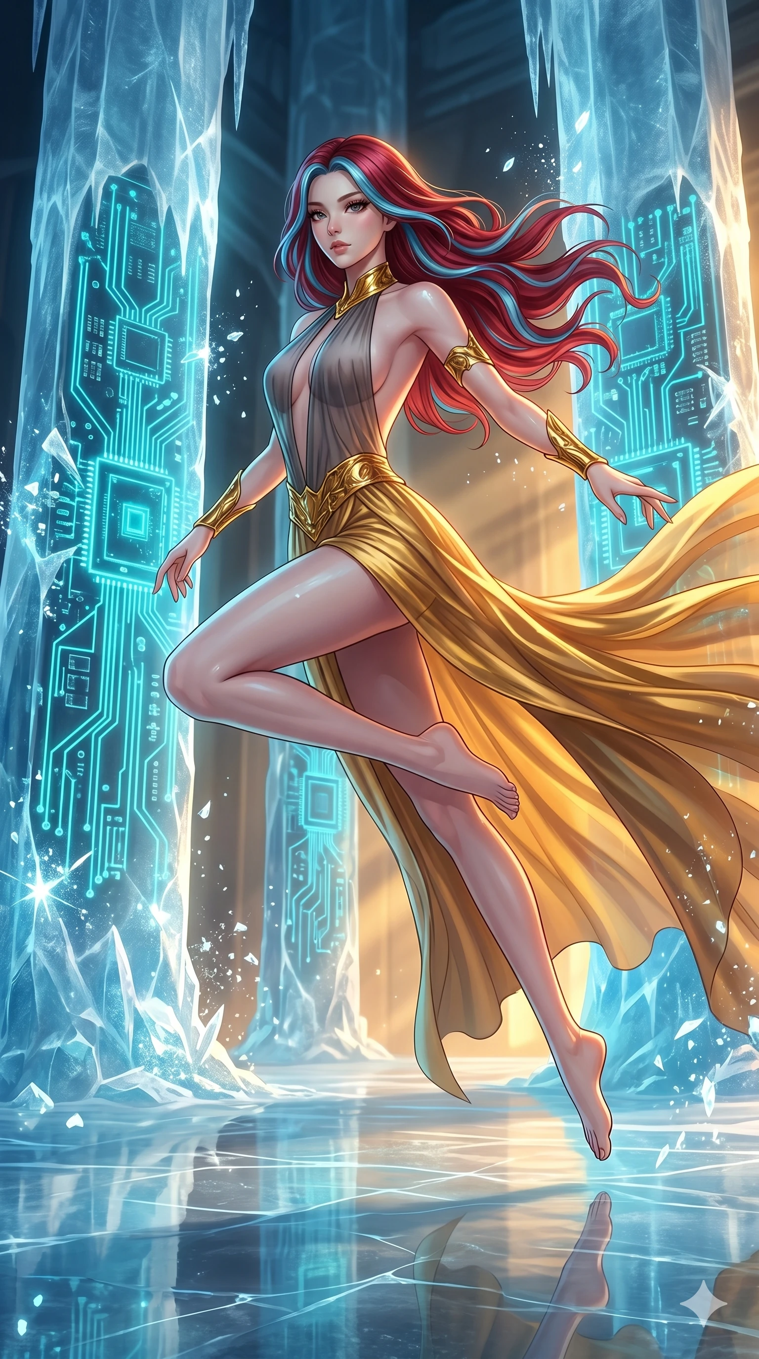 score_9, masterpiece, best quality, ultra-detailed, high-budget anime keyframe, Japanese woman. low angle full-body shot filling the entire 9:16 frame with her statuesque presence, stretching the vertical silhouette. leaping inside a sub-zero cybernetic ice temple, where glowing neon cyan computer circuit boards are frozen within transparent ice pillars, fracturing ice crystals into sparkles around her. She has an absolutely perfect 8-heads proportion, an exceptionally tall and slender female figure with impossibly long slender legs and an ultra-slim waist. V-shaped jawline, high-bridge nose, intricate jewel-like eyes with depth, thick eyelashes, glossy lips with a natural sheen.. wearing a molten gold and chiffon gown, featuring organic liquid gold collar and cuffs on a translucent charcoal-gray halter neck chiffon gown with a deep backless design. showcasing a beautiful play of light and shadow, with warm golden rays clashing against cool cyan highlights. 2k, ultra detail, master piece, 9:16 ratio
