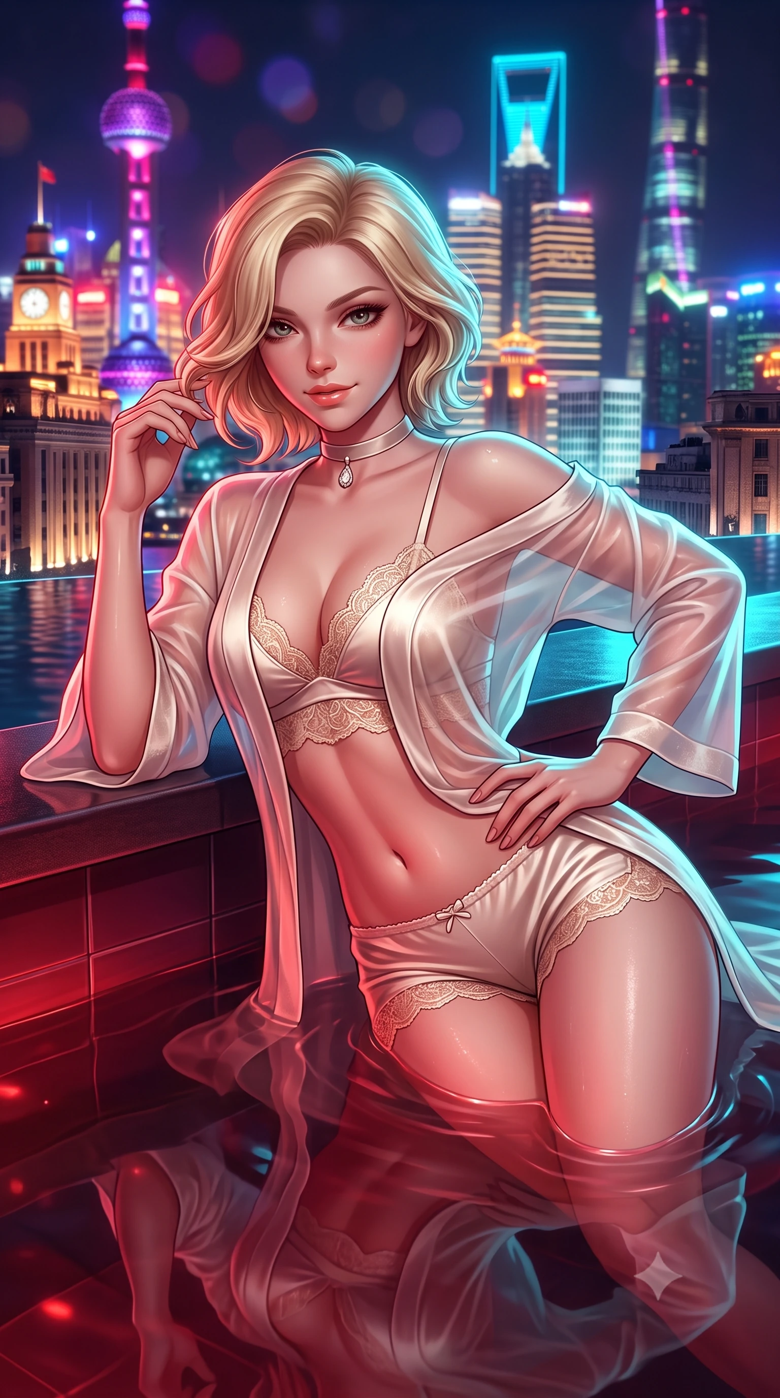 score_9, masterpiece, best quality, ultra-detailed, high-budget anime keyframe, semi-realistic 3D game render, editorial fashion photography, tasteful artistic composition, Caucasian woman. close-up cowboy shot from the waist and thighs up, the character dominates the composition, filling the frame with her large presence. twisting her slender torso in an alluring contrapposto stance, one hand resting on her sculpted hip while her fingers toy with her hair with effortless poise while lounging gracefully in the shallow heated pool propped on one elbow, her statuesque 8.5-heads silhouette commanding the nocturnal mega-city vista. The background shows a soft-focus neon Pudong skyscrapers reflecting upside-down in calm pool water, rain-slicked Bund colonial buildings, and dark night sky blurred into ruby, electric violet, and gold bokeh. She has an exceptionally elegant, slender, and willowy female figure with an ultra-slim waist, flat toned midriff, narrow ribcage, and sculpted feminine hips creating an alluring, slim hourglass silhouette without bulk. sharp v-shaped jawline, high-bridge nose, sparkling eyes with hypnotic seductive depth, thick curled eyelashes, glossy parted lips with a natural dewy peach sheen, alluring bedroom-eyes with an enchanting coquettish smile, exuding magnetic siren charisma and sophisticated glamour, flawlessly proportioned anatomical accuracy, strict slender model proportions, natural body alignment, perfectly sculpted long slender limbs, ultra-slim waistline, clean dynamic posture without body distortion. wearing a sheer silk organza modern caftan robe worn loose and slipping off bare shoulders over a matching satin bralette and micro-shorts in Austrian royal ivory and champagne lace, tailored from ultra-plush velvet with rich tactile depth and deep shadow gradients, finished with a thin velvet ribbon choker and a single teardrop diamond pendant, the precision-cut side openings and low-back scoop framing her graceful spine and the sensual sweep of her slim, toned hips. bathed in warm underwater crimson pool illumination paired with cold neon cyan ambient skyline glow. highly saturated vibrant anime colors, detailed shading with soft gradients, rich glossy textures, high-contrast stereoscopic depth, volumetric dynamic lighting, master piece, 9:16 ratio