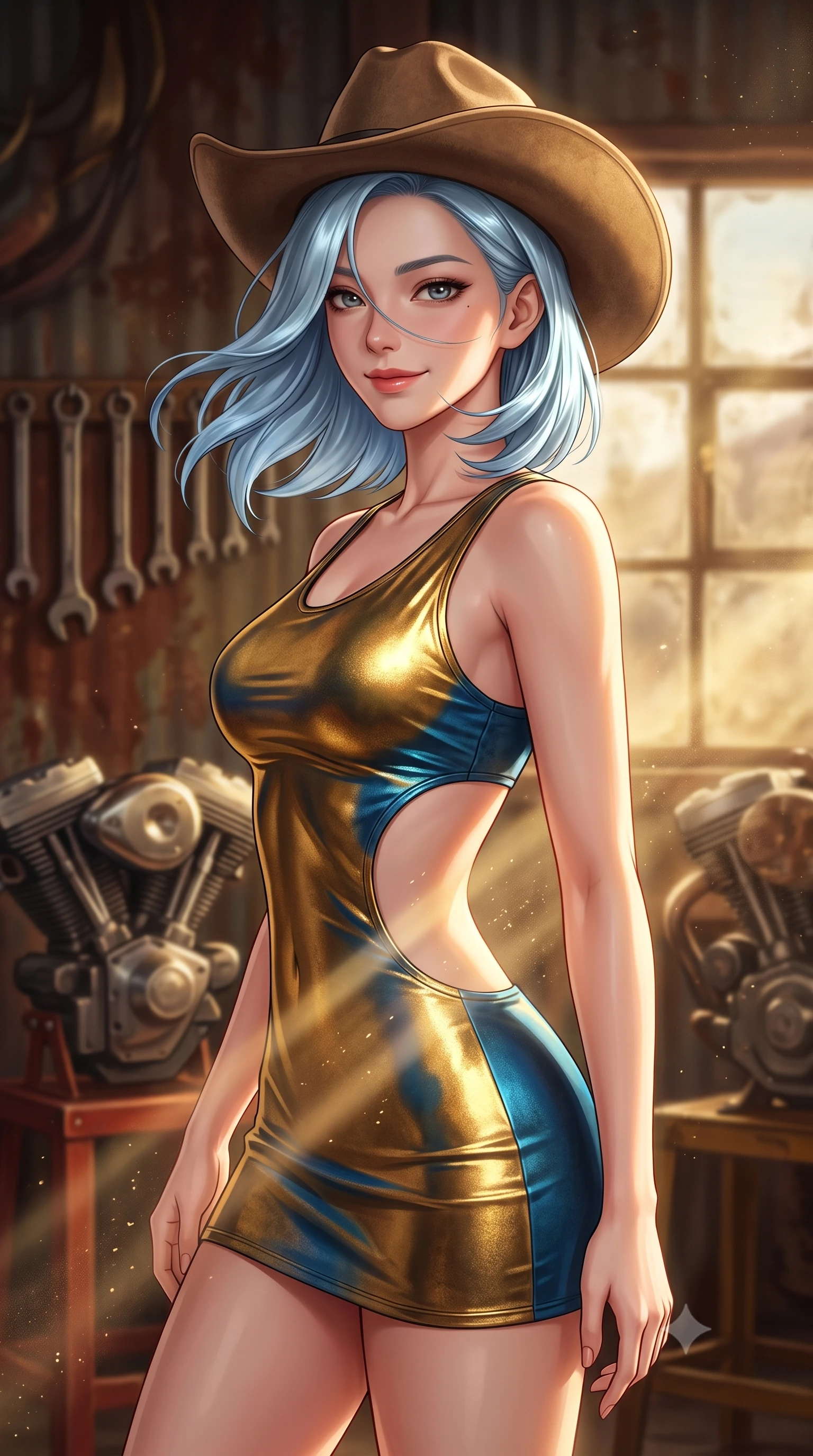 score_9, masterpiece, best quality, ultra-detailed, high-budget anime keyframe, semi-realistic 3D game render, editorial fashion photography, tasteful artistic composition, Korean woman. close-up cowboy shot from the waist and thighs up, the character dominates the composition, filling the frame with her large presence. turning slowly with an enchanting smoldering smile, her glossy hair tossing in the breeze as her hips angle gracefully in a captivating contrapposto while twisting her slender torso in an alluring contrapposto stance, desert dust motes dancing in sunbeams across her flat midriff and hips. The background shows a soft-focus hanging wrenches, motorcycle engine blocks on stands, and dusty window panes blurred into rust, brass, and golden ochre bokeh. She has an exceptionally elegant, slender, and willowy female figure with an ultra-slim waist, flat toned midriff, narrow ribcage, and sculpted feminine hips creating an alluring, slim hourglass silhouette without bulk. sharp v-shaped jawline, high-bridge nose, sparkling eyes with hypnotic seductive depth, thick curled eyelashes, glossy parted lips with a natural dewy peach sheen, alluring bedroom-eyes with an enchanting coquettish smile, exuding magnetic siren charisma and sophisticated glamour, flawlessly proportioned anatomical accuracy, strict slender model proportions, natural body alignment, perfectly sculpted long slender limbs, ultra-slim waistline, clean dynamic posture without body distortion. wearing a liquid metallic lamé one-piece swim dress clinging like a second skin with hip-high side cutouts in molten liquid gold and deep ocean sapphire, tailored from ultra-soft distressed suede with velvety hand-feel and rich shadow depth, finished with a wide-brimmed felt cowboy hat tipped back to frame her face and long glossy hair, the high-slit wrap tailoring accentuating her ultra-slim waistline and the enchanting curve of her feminine hips with alluring seductive charm. bathed in dramatic shafts of golden afternoon sunlight cutting through corrugated roof cracks. highly saturated vibrant anime colors, detailed shading with soft gradients, rich glossy textures, high-contrast stereoscopic depth, volumetric dynamic lighting, master piece, 9:16 ratio