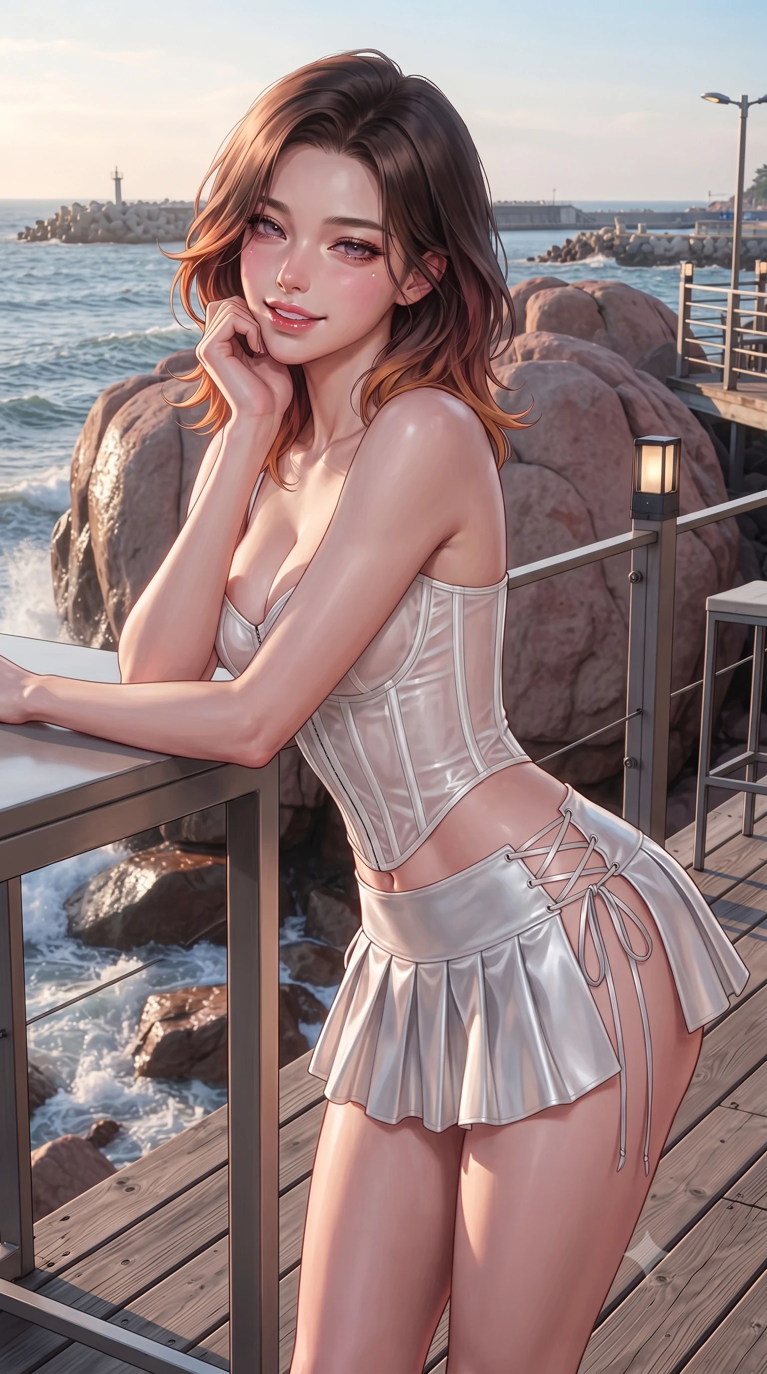 score_9, masterpiece, best quality, ultra-detailed, high-budget anime keyframe, editorial fashion photography, tasteful artistic composition, Korean woman. close-up cowboy shot from the waist and thighs up, the character dominates the composition, filling the frame with her large presence. resting one elbow on the table and supporting her chin, leaning close to the camera with heavy-lidded sparkling eyes and parted lips while standing poised on the timber observation deck beside the colossal natural pink granite boulders, arching her spine with siren allure as ocean waves crash below. The surrounding environment is rendered in vivid detail and crisp panoramic clarity: detailed garment cut, tailored or sheer accents, and maritime engineering in high resolution. She has an exceptionally elegant, slender, and willowy female figure with an ultra-slim waist, flat toned midriff, narrow ribcage, and sculpted feminine hips creating an alluring, slim hourglass silhouette without bulk. sharp v-shaped jawline, high-bridge nose, intricate jewel-like sparkling eyes with depth, thick eyelashes, glossy parted lips with a natural peach sheen, bright cheerful beaming smile with an enchanting and coquettish sensual glint, exuding both youthful cute charm and seductive allure, flawlessly proportioned anatomical accuracy, strict slender model proportions, natural body alignment, perfectly sculpted long slender limbs, ultra-slim waistline, clean dynamic posture without body distortion. wearing a structured boned corset top paired with an ultra-short low-rise pleated micro mini skirt in pure translucent crystal white and liquid platinum, made of fluid liquid jersey with seamless sculpting hold and smooth contours, featuring fine criss-cross lace-up side ties revealing tantalizing glimpses of her hip curve, the bespoke structured tailoring following the natural line of her 8.5-heads silhouette with refined elegance. illuminated by wet rock specular reflections and sharp rose-platinum rim lights defining her dewy collarbones, ultra-slim waist, and curvy hips. ultra-reflective glossy finish, specular highlights, rich textural contrasts, high-contrast stereoscopic depth, volumetric dynamic lighting, 2k, ultra detail, master piece, 9:16 ratio