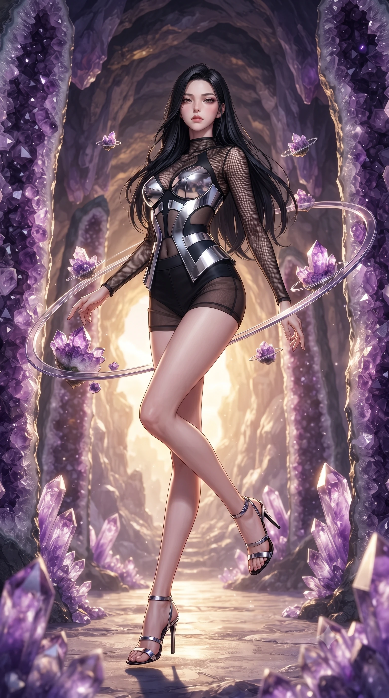 score_9, masterpiece, best quality, ultra-detailed, high-budget anime keyframe, editorial fashion photography, tasteful artistic composition, Korean woman. low angle full-body shot from head to toe showing her feet, filling the entire 9:16 vertical frame with her statuesque presence, stretching her vertical silhouette. leaping gracefully through the environment with statuesque elegance and long slender legs standing inside a breathtaking cavern lined with massive amethyst geode pillars, floating amethyst clusters drifting in smooth circular orbits. She has an absolutely perfect, statuesque 8.5-heads proportion, an exceptionally tall and slender model-like female figure with impossibly long slender legs and an ultra-slim waist. sharp v-shaped jawline, high-bridge nose, intricate jewel-like eyes with depth, thick eyelashes, glossy lips with a natural sheen. wearing a chrome-plated structured bodice worn over a sheer mesh top and micro-shorts in matte black and polished silver, woven from fine semi-opaque sheer organza, featuring subtle geometric cutouts that highlight her ultra-slim midriff, the sleek second-skin texture accentuating her magnetic presence. lit by warm golden sunlight colliding with cool violet crystal illumination. ultra-reflective glossy finish, specular highlights, metallic sheen, high-contrast stereoscopic depth, volumetric dynamic lighting, 2k, ultra detail, master piece, 9:16 ratio