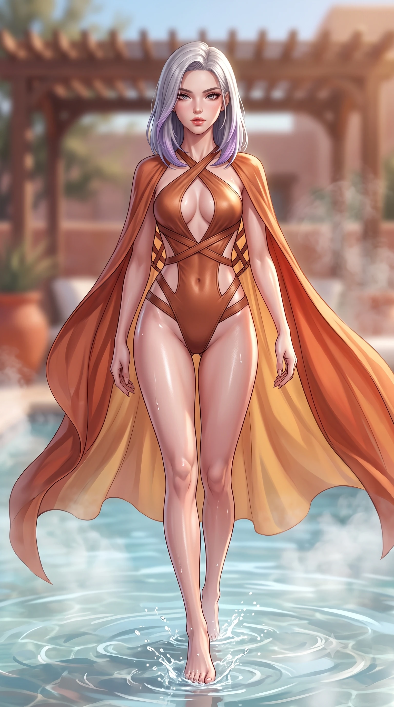 score_9, masterpiece, best quality, ultra-detailed, high-budget anime keyframe, semi-realistic 3D game render, editorial fashion photography, tasteful artistic composition, Caucasian woman. low angle full-body shot from head to toe showing her feet, filling the entire 9:16 vertical frame with her statuesque presence, stretching her vertical silhouette. striding forward in a proud supermodel runway stride, hips swaying in an alluring kinetic rhythm that accentuates her curvy hourglass silhouette while wading lightly into the shallow thermal mineral pool, water splashing around her slender ankles as she turns in an alluring dancer S-curve. The composition keeps background elements in soft focus with creamy bokeh. steaming pool water vapors and cedar shading pergolas softened in dreamy Southwestern shallow focus. She has an exceptionally tall and slender model-like 8.5-heads proportion, an ultra-slim waist, a flat toned midriff, narrow delicate ribcage, and beautifully sculpted feminine hips creating a graceful, slim hourglass silhouette without any bulky heaviness, with impossibly long slender legs. sharp v-shaped jawline, high-bridge nose, intricate jewel-like eyes with depth, thick eyelashes, glossy parted lips with a natural sheen, intensely captivating and seductive bedroom-eyes expression, flawlessly proportioned anatomical accuracy, strict slender model proportions, natural body alignment, perfectly sculpted long slender limbs, ultra-slim waistline, clean dynamic posture without body distortion. wearing a desert siren monokini with crossed chest straps and high-cut hip bands, worn under a sweeping silk organza cape in desert terracotta copper and sun-baked sand gold, formed from supple second-skin lambskin leather with specular sheen, featuring an open-back criss-cross harness strap in dark leather, the dramatically scooped open back descending to the base of her spine, accentuating her razor-sharp statuesque lines and slim hourglass silhouette. illuminated by wet specular pool highlights accentuating her slender neckline, sculpted waist, and rounded hips. highly saturated vibrant anime colors, detailed shading with soft gradients, rich glossy textures, high-contrast stereoscopic depth, volumetric dynamic lighting, master piece, 9:16 ratio