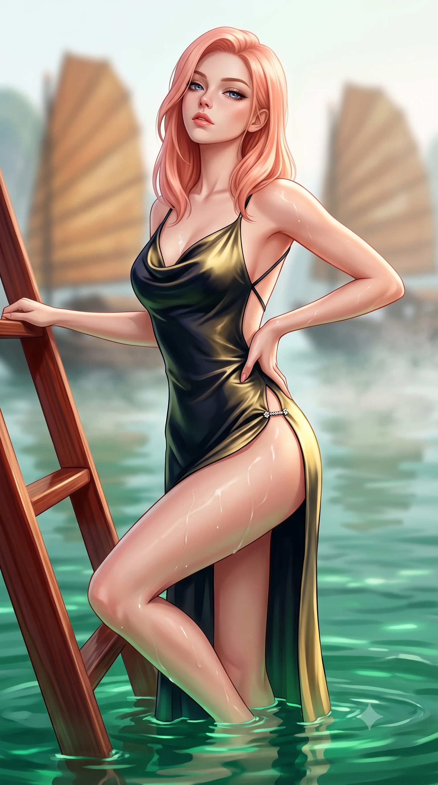 score_9, masterpiece, best quality, ultra-detailed, high-budget anime keyframe, semi-realistic 3D game render, editorial fashion photography, tasteful artistic composition, Japanese woman. close-up cowboy shot from the waist and thighs up, the character dominates the composition, filling the frame with her large presence. tilting her chin up with proud, sovereign allure while gazing through thick eyelashes, one hand resting on her waist in pure supermodel charisma while wading down the mahogany swim ladder with one knee bent, water caustics tracing her feminine hips and long slender legs in the emerald bay. The composition keeps background elements in soft focus with creamy bokeh. traditional junk boat sails and rising morning sea mist softened in mystical Vietnamese shallow focus. She has an exceptionally elegant, slender, and willowy female figure with an ultra-slim waist, flat toned midriff, narrow ribcage, and sculpted feminine hips creating an alluring, slim hourglass silhouette without bulk. sharp v-shaped jawline, high-bridge nose, intricate jewel-like eyes with depth, thick eyelashes, glossy parted lips with a natural sheen, intensely captivating and seductive bedroom-eyes expression, flawlessly proportioned anatomical accuracy, strict slender model proportions, natural body alignment, perfectly sculpted long slender limbs, ultra-slim waistline, clean dynamic posture without body distortion. wearing a backless cowl-neck satin slip dress featuring high-cut side hip slits and delicate criss-cross back straps in midnight obsidian black and liquid gold, tailored from second-skin aerodynamic stretch vinyl with specular wet sheen, finished with an ultra-high side slit secured by miniature jeweled clasps, the dramatically scooped open back descending to the base of her spine, accentuating her razor-sharp statuesque lines and slim hourglass silhouette. illuminated by radiant jade water reflections accentuating her sculpted midriff, narrow waist, and curvy hips. highly saturated vibrant anime colors, detailed shading with soft gradients, rich glossy textures, high-contrast stereoscopic depth, volumetric dynamic lighting, master piece, 9:16 ratio