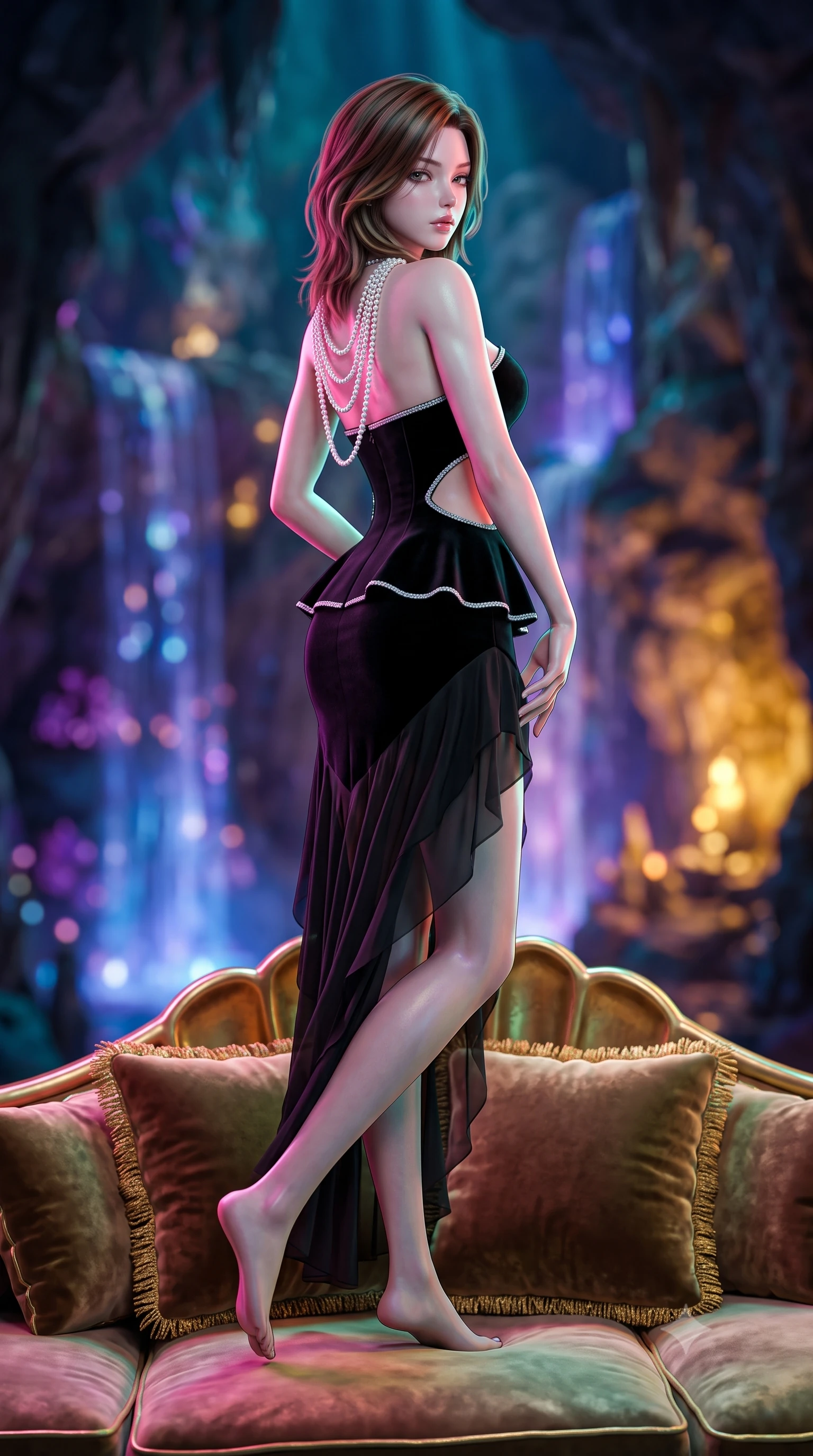 score_9, masterpiece, best quality, ultra-detailed, high-budget anime keyframe, semi-realistic 3D game render, editorial fashion photography, tasteful artistic composition, Korean woman. low angle full-body shot from head to toe showing her feet, filling the entire 9:16 vertical frame with her statuesque presence, stretching her vertical silhouette. posing with back turned slightly to the lens, glancing back with smoldering allure as she arches her lower back to emphasize her sculpted feminine hips and slender waist while sitting poised on the velvet cushions of the gilded shell barge with legs crossed, her long slender legs and narrow waist glowing in vibrant colored cave lights. The composition keeps background elements in soft focus with creamy bokeh. theatrical magenta and azure cave floodlights and cascading artificial waterfalls blurred into glowing sapphire, amethyst, and molten gold bokeh. She has an exceptionally tall and slender model-like 8.5-heads proportion, an ultra-slim waist, a flat toned midriff, narrow delicate ribcage, and beautifully sculpted feminine hips creating a graceful, slim hourglass silhouette without any bulky heaviness, with impossibly long slender legs. sharp v-shaped jawline, high-bridge nose, intricate jewel-like eyes with depth, thick eyelashes, glossy parted lips with a natural sheen, intensely captivating and seductive bedroom-eyes expression, flawlessly proportioned anatomical accuracy, strict slender model proportions, natural body alignment, perfectly sculpted long slender limbs, ultra-slim waistline, clean dynamic posture without body distortion. wearing a modern peplum corset dress with side-waist diamond cutouts and an ultra-tight silhouette in pitch-black velvet with diamond crystal trim, woven from layered gossamer chiffon with a weightless sweeping drape, accented with a multi-strand pearl back necklace cascading down her bare spine to her hips, the liquid-tight tailored fabric clinging flawlessly to her narrow waist and rounded feminine hips, emphasizing every millimeter of her sculpted slim hourglass curves without any bulky heaviness. bathed in vibrant theatrical magenta and turquoise cave lighting contrasting with golden boat reflections. highly saturated vibrant anime colors, detailed shading with soft gradients, rich glossy textures, high-contrast stereoscopic depth, volumetric dynamic lighting, master piece, 9:16 ratio