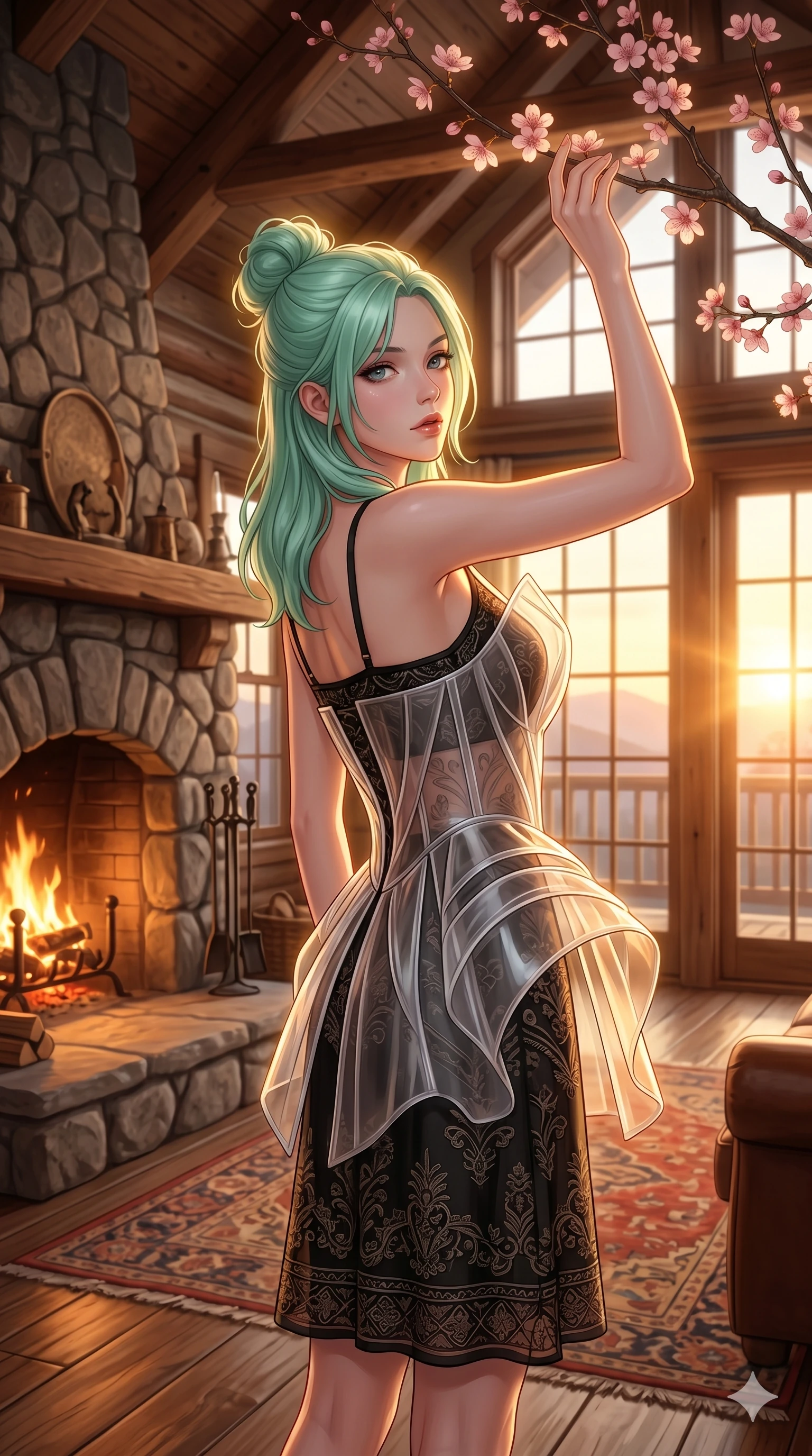 score_9, masterpiece, best quality, ultra-detailed, high-budget anime keyframe, editorial fashion photography, tasteful artistic composition, Japanese woman. cowboy shot from the thighs up, character and outfit filling the frame for maximum editorial presence. reaching up to touch a cherry blossom, looking over her shoulder inside a cozy mountain lodge cabin with a stone fireplace and rugs (Code-P18-157). She has an absolutely perfect 8-heads proportion, an exceptionally tall and slender female figure with impossibly long slender legs and an ultra-slim waist. V-shaped jawline, high-bridge nose, intricate jewel-like eyes with depth, thick eyelashes, glossy lips with a natural sheen. wearing a translucent polymer structured bodice over a black patterned embroidery slip dress. warm sunset light pouring through the windows, casting a warm glowing aura on her. 2k, ultra detail, master piece, 9:16 ratio