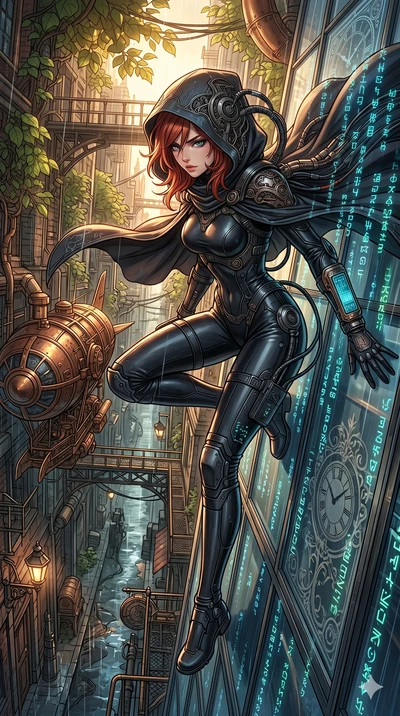 score_9, masterpiece, best quality, ultra-detailed, Set A: High-budget Anime Keyframe, Korean woman. Upper body close-up from the thighs up, character filling the screen for maximum presence. Theme: Urban Decay. sliding down a glass skyscraper in a s