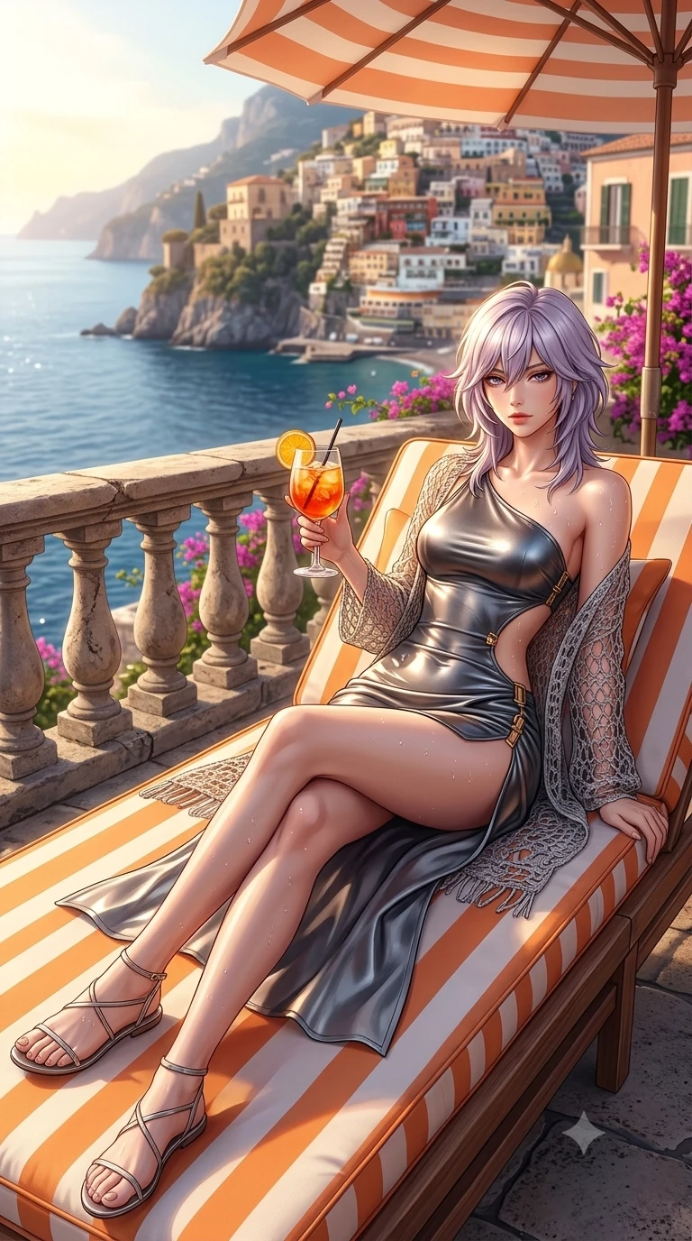 score_9, masterpiece, best quality, ultra-detailed, high-budget anime keyframe, semi-realistic 3D game render, editorial fashion photography, tasteful artistic composition, Japanese woman. low angle full-body shot from head to toe showing her feet, filling the entire 9:16 vertical frame with her statuesque presence, stretching her vertical silhouette. lounging on the lavish daybed with legs crossed and hips angled toward the camera, displaying her toned midriff and long slender limbs with effortless siren poise while reclining on an orange-and-white striped sun lounger propped on one elbow, holding an Aperol spritz with sovereign high-society charm and bedroom-eyes. The surrounding environment is rendered in vivid detail and crisp panoramic clarity: detailed wet-look crochet coverup weave, dewy water beads on skin, and historic Amalfi architecture in razor-sharp precision. She has an absolutely perfect, statuesque 8.5-heads proportion, an exceptionally tall and slender model-like female figure with impossibly long slender legs, an ultra-slim waist, a flat toned midriff, narrow delicate ribcage, and beautifully sculpted feminine hips creating a graceful, slim hourglass silhouette without any bulky heaviness. sharp v-shaped jawline, high-bridge nose, sparkling eyes with hypnotic seductive depth, thick curled eyelashes, glossy parted lips with a natural dewy peach sheen, alluring bedroom-eyes with an enchanting coquettish smile, exuding magnetic siren charisma and sophisticated glamour, flawlessly proportioned anatomical accuracy, strict slender model proportions, natural body alignment, perfectly sculpted long slender limbs, ultra-slim waistline, clean dynamic posture without body distortion. wearing an asymmetric one-shoulder metallic leather mini dress with a dramatic side slit hugging her narrow waist and hips in high-contrast coastal monochrome with gold hardware, tailored from crisp high-density nautical cotton poplin with pristine structural hold, finished with glistening drops of seawater beading across her sculpted shoulders and flat midriff, the impeccably tailored cut draping gracefully along her slender figure with aristocratic resort poise. illuminated by parasol shadow gradients and sharp golden-peach rim lights defining her razor-sharp jawline, narrow waist, and curvy hips. highly saturated vibrant anime colors, detailed shading with soft gradients, rich glossy textures, high-contrast stereoscopic depth, volumetric dynamic lighting, master piece, 9:16 ratio