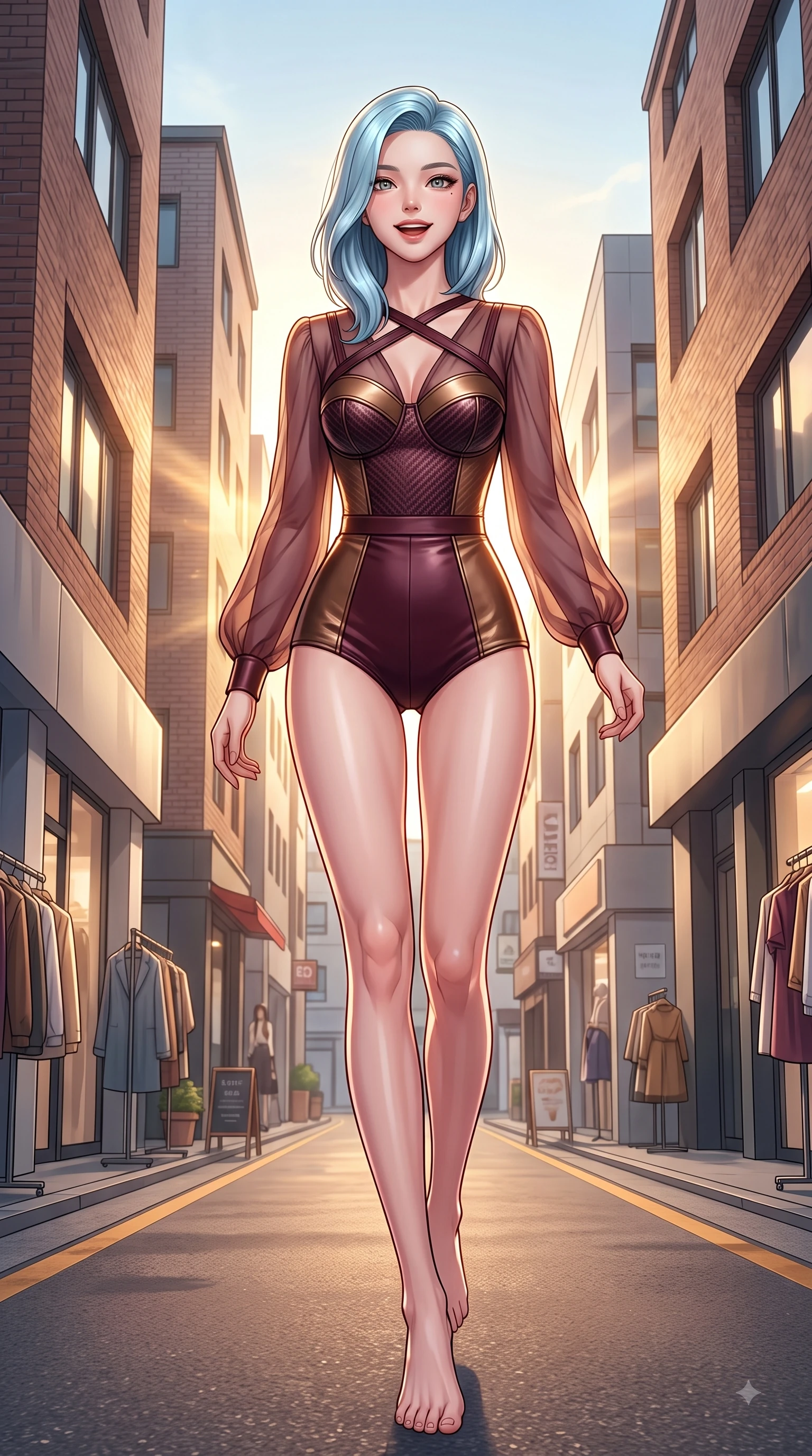 score_9, masterpiece, best quality, ultra-detailed, high-budget anime keyframe, editorial fashion photography, tasteful artistic composition, Korean woman. low angle full-body shot from head to toe showing her feet, filling the entire 9:16 vertical frame with her statuesque presence, stretching her vertical silhouette. pivoting dynamically in mid-motion with a delighted cute expression, displaying her perfect model proportions while walking dynamically down a vibrant Seongsu-dong alley lined with trendy fashion pop-up stores, warm golden hour sunbursts filtering between modern brick buildings. She has an absolutely perfect, statuesque 8.5-heads proportion, an exceptionally tall and slender model-like female figure with impossibly long slender legs and an ultra-slim waist. sharp v-shaped jawline, high-bridge nose, intricate jewel-like eyes with depth, thick eyelashes, glossy lips with a natural sheen, flawlessly proportioned anatomical accuracy, natural body alignment, perfectly sculpted elegant limbs, clean dynamic posture without body distortion. wearing a tailored leather bustier over a sheer silk chiffon blouse in deep burgundy and bronze, made of fine carbon-fiber weave and soft matte leather, complemented by criss-cross back straps highlighting her bare shoulders, the tailored fabric tightly following every curve of her athletic build. surrounded by a lively, trendy street aura with rich specular highlights. highly saturated vibrant anime colors, detailed shading with soft gradients, rich glossy textures, high-contrast stereoscopic depth, volumetric dynamic lighting, master piece, 9:16 ratio