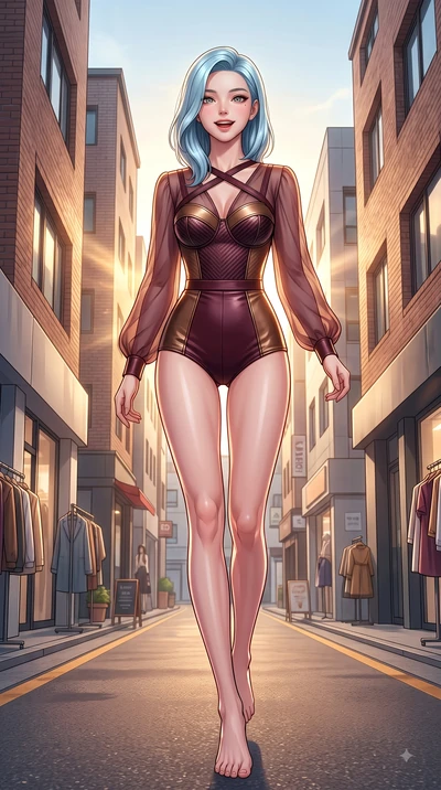 score_9, masterpiece, best quality, ultra-detailed, high-budget anime keyframe, editorial fashion photography, tasteful artistic composition, Korean woman. low angle full-body shot from head to toe showing her feet, filling the entire 9:16 vertical f