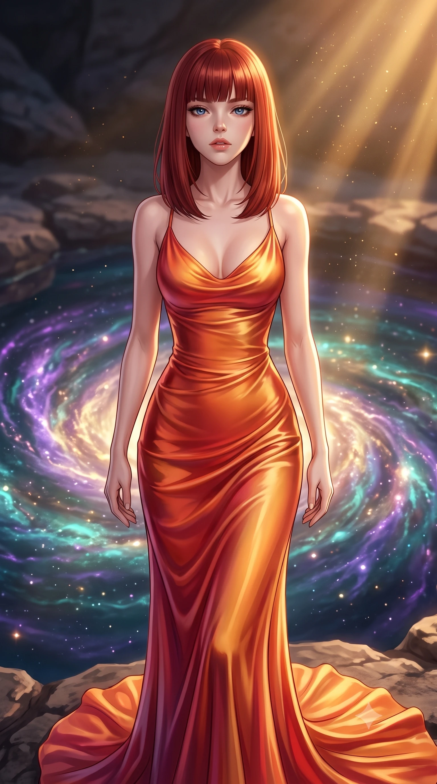 score_9, masterpiece, best quality, ultra-detailed, high-budget anime keyframe, editorial fashion photography, tasteful artistic composition, Caucasian woman, strictly human ears. close-up cowboy shot from the waist and thighs up, the character dominates the composition, filling the frame with her large presence, background elements kept in soft focus. Tilting her chin up slightly with lips parted in a composed expression. set against a soft-focus background of a natural rock pool at the very edge of a spiral galaxy where cosmic gases collect in swirling bioluminescent patterns of violet and teal galaxies reflected in the still luminous surface. She has an exceptionally elegant and slender, willowy female figure with an ultra-slim waist, a gracefully sculpted slender torso, and a refined slim physique. sharp v-shaped jawline, high-bridge nose, intricate jewel-like eyes with depth, thick eyelashes, glossy lips with a natural sheen. wearing a liquid silk charmeuse gown in a sunset gradient of orange and gold, clinging and pooling along her tall, slender silhouette. golden hour sunlight streaming in warm shafts with floating dust particles catching the light. 2k, ultra detail, master piece, 9:16 ratio