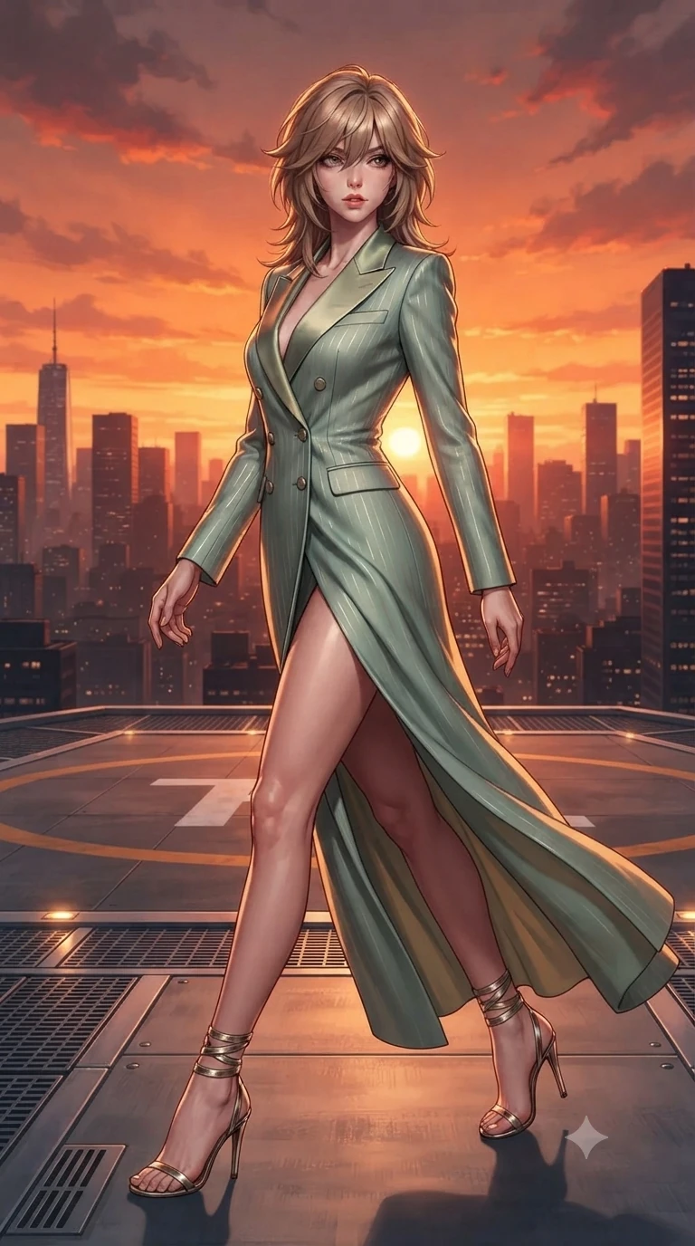 score_9, masterpiece, best quality, ultra-detailed, high-budget anime keyframe, editorial fashion photography, tasteful artistic composition, Japanese woman. low angle full-body shot from head to toe showing her feet, filling the entire 9:16 vertical frame with her statuesque presence, stretching her vertical silhouette. walking along the waterfront terrace with poise, looking back over her bare shoulder with an irresistible smoldering bedroom-gaze while stepping forward in a confident stride across the rooftop deck, her long slender legs and curvaceous hips creating a dynamic, sweeping vertical line against the burning sunset. The surrounding environment is rendered in vivid detail and crisp panoramic clarity: sharp helipad perimeter markings, brushed aluminum deck grating, and crisp panoramic skyscraper silhouettes in deep focus. She has an exceptionally tall and slender model-like 8.5-heads proportion, an ultra-slim waist, a flat toned midriff, narrow delicate ribcage, and beautifully sculpted feminine hips creating a graceful, slim hourglass silhouette without any bulky heaviness, with impossibly long slender legs. sharp v-shaped jawline, high-bridge nose, intricate jewel-like sparkling eyes with depth, thick eyelashes, glossy parted lips with a natural sheen, intensely captivating and seductive bedroom-eyes expression, exuding both youthful cute charm and sovereign luxury allure, flawlessly proportioned anatomical accuracy, strict slender model proportions, natural body alignment, perfectly sculpted long slender limbs, ultra-slim waistline, clean dynamic posture without body distortion. wearing a tailored double-breasted tuxedo evening dress with structured satin lapels and subtle silver pinstripes in celadon jade and antique gold-leaf, tailored from heavy double-faced silk georgette with an exceptionally fluid drape, complemented by strappy stiletto sandals with metallic ankle wraps accentuating her slender calves, the impeccably tailored cut draping gracefully along her slender figure with aristocratic poise. illuminated by deck surface bounce and intense golden-crimson rim lights sculpting her razor-sharp jawline, narrow waist, and curvy hips. ultra-reflective glossy finish, specular highlights, rich textural contrasts, high-contrast stereoscopic depth, volumetric dynamic lighting, 2k, ultra detail, master piece, 9:16 ratio