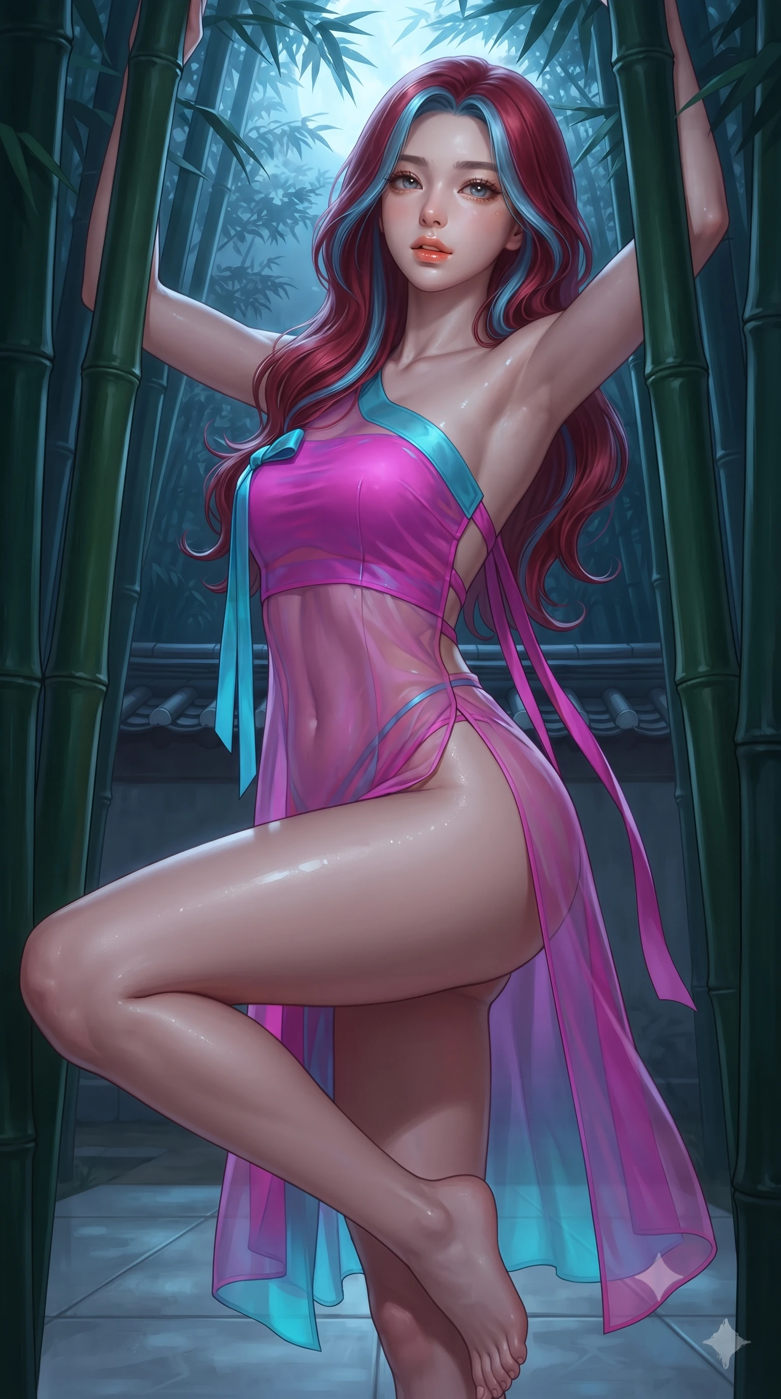 score_9, masterpiece, best quality, ultra-detailed, high-budget anime keyframe, editorial fashion photography, tasteful artistic composition, Caucasian woman. close-up cowboy shot from the waist and thighs up, the character dominates the composition, filling the frame with her large presence. perched sideways on the lounge seat, one knee drawn up to showcase her slender leg line while her arched back accentuates her feminine hip curve while standing poised between towering bamboo stalks with hips cocked back, arching her spine with seductive dancer grace under the midnight sky. The surrounding environment is rendered in vivid detail and crisp panoramic clarity: detailed silk satin fabric drape, dewy moisture on skin, and serene courtyard architecture in high resolution. She has an exceptionally elegant, slender, and willowy female figure with an ultra-slim waist, flat toned midriff, narrow ribcage, and sculpted feminine hips creating an alluring, slim hourglass silhouette without bulk. sharp v-shaped jawline, high-bridge nose, sparkling eyes with hypnotic seductive depth, thick curled eyelashes, glossy parted lips with a natural dewy peach sheen, alluring bedroom-eyes with an enchanting coquettish smile, exuding magnetic siren charisma and sophisticated glamour, flawlessly proportioned anatomical accuracy, strict slender model proportions, natural body alignment, perfectly sculpted long slender limbs, ultra-slim waistline, clean dynamic posture without body distortion. wearing an asymmetric one-shoulder modern hanbok tunic with dramatic side hip slit and delicate waist ribbons in electric 80s magenta and neon cyan with chrome highlights, made of sheer gossamer chiffon that drapes softly against skin with airy translucence, finished with long silk ribbon ties fluttering down her bare spine from a backless halter, the liquid-tight tailored fabric clinging flawlessly to her narrow waist and rounded feminine hips, emphasizing every millimeter of her sculpted slim hourglass curves without any bulky heaviness. bathed in cool moonlight filtering delicately through the dense bamboo canopy. ultra-reflective glossy finish, specular highlights, rich textural contrasts, high-contrast stereoscopic depth, volumetric dynamic lighting, 2k, ultra detail, master piece, 9:16 ratio