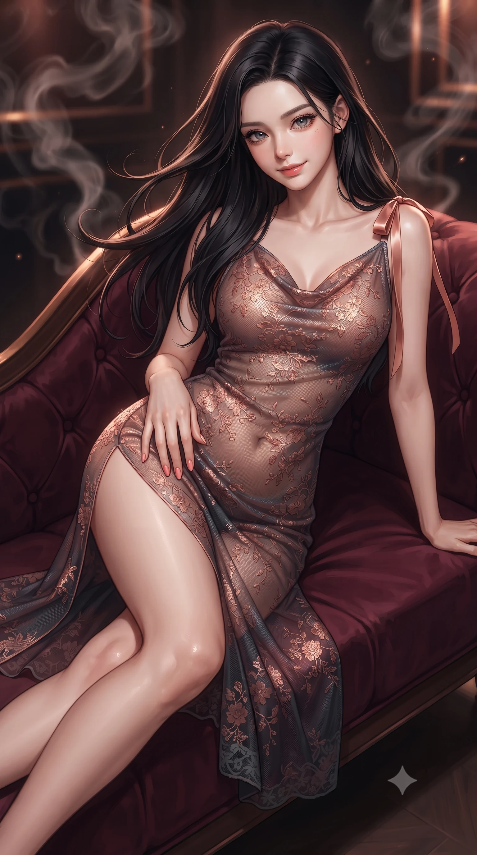 score_9, masterpiece, best quality, ultra-detailed, high-budget anime keyframe, editorial fashion photography, tasteful artistic composition, Korean woman. close-up cowboy shot from the waist and thighs up, the character dominates the composition, filling the frame with her large presence. turning slowly with an enchanting smoldering smile, her glossy hair tossing in the breeze as her hips angle gracefully in a captivating contrapposto while lounging in the deep burgundy velvet chaise with legs extended, running one manicured hand slowly along her hip with magnetic poise. The background shows a soft-focus drifting ribbons of aromatic cedar smoke softened in ultra-exclusive gentlemen's club nocturne shallow focus. She has an exceptionally elegant, slender, and willowy female figure with an ultra-slim waist, flat toned midriff, narrow ribcage, and sculpted feminine hips creating an alluring, slim hourglass silhouette without bulk. sharp v-shaped jawline, high-bridge nose, intricate jewel-like sparkling eyes with depth, thick eyelashes, glossy parted lips with a natural peach sheen, bright cheerful beaming smile with an enchanting and coquettish sensual glint, exuding both youthful cute charm and seductive allure, flawlessly proportioned anatomical accuracy, strict slender model proportions, natural body alignment, perfectly sculpted long slender limbs, ultra-slim waistline, clean dynamic posture without body distortion. wearing an alluring backless sheer holographic mesh slip dress with high thigh slit clinging smoothly to her dewy skin in sultry copper rose and deep shadow charcoal, made of delicate embroidered tulle lace with intricate floral motifs and soft transparency, finished with satin ribbon ties at the shoulders fluttering in the gentle breeze, the form-contouring silhouette accentuating her sculpted flat midriff, narrow delicate ribcage, and gracefully curvy hips with intoxicating allure. illuminated by polished mahogany reflection fill and sharp copper-gold rim lights defining her razor-sharp jawline, narrow waist, and curvy hips. ultra-reflective glossy finish, specular highlights, rich textural contrasts, high-contrast stereoscopic depth, volumetric dynamic lighting, 2k, ultra detail, master piece, 9:16 ratio