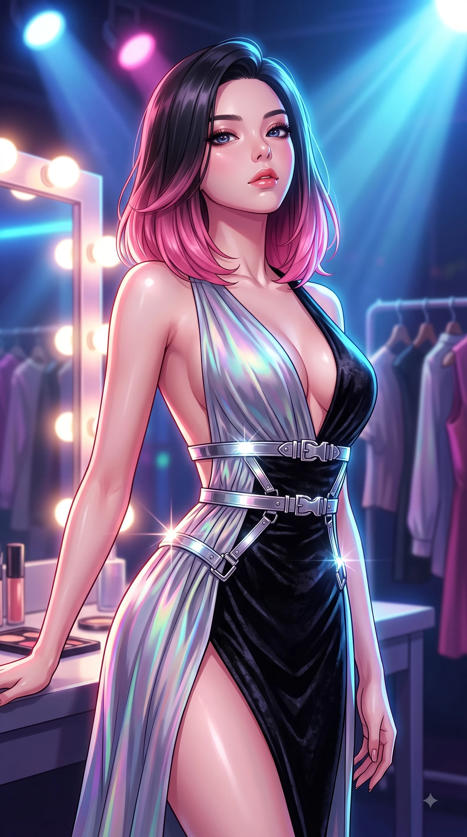 score_9, masterpiece, best quality, ultra-detailed, high-budget anime keyframe, editorial fashion photography, tasteful artistic composition, Korean woman. close-up cowboy shot from the waist and thighs up, the character dominates the composition, filling the frame with her large presence, background elements kept in soft focus. Tilting her chin up with composed magnetism as dramatic side lighting traces her sculpted waist and hip contour while resting near a glowing vanity mirror backstage as stage lights trace her contoured waist, metallic harness accents and chrome buckles catching sharp specular sunbursts. She has an exceptionally elegant, slender, and willowy female figure with an ultra-slim waist, a gracefully sculpted slender torso, and a refined silhouette. sharp v-shaped jawline, high-bridge nose, intricate jewel-like eyes with depth, thick eyelashes, glossy lips with a natural sheen, flawlessly proportioned anatomical accuracy, natural body alignment, perfectly sculpted elegant limbs, clean dynamic posture without body distortion. wearing a backless crushed velvet gown with a deep V-neckline and high thigh slit in matte black and polished silver, crafted from iridescent chiffon that shifts colors in the light, detailed with polished silver buckles along the waistline, the form-contouring material highlighting her ultra-slim waist and long lines. bathed in intense volumetric stage spotlights and vivid neon rim lights. highly saturated vibrant anime colors, detailed shading with soft gradients, rich glossy textures, high-contrast stereoscopic depth, volumetric dynamic lighting, master piece, 9:16 ratio