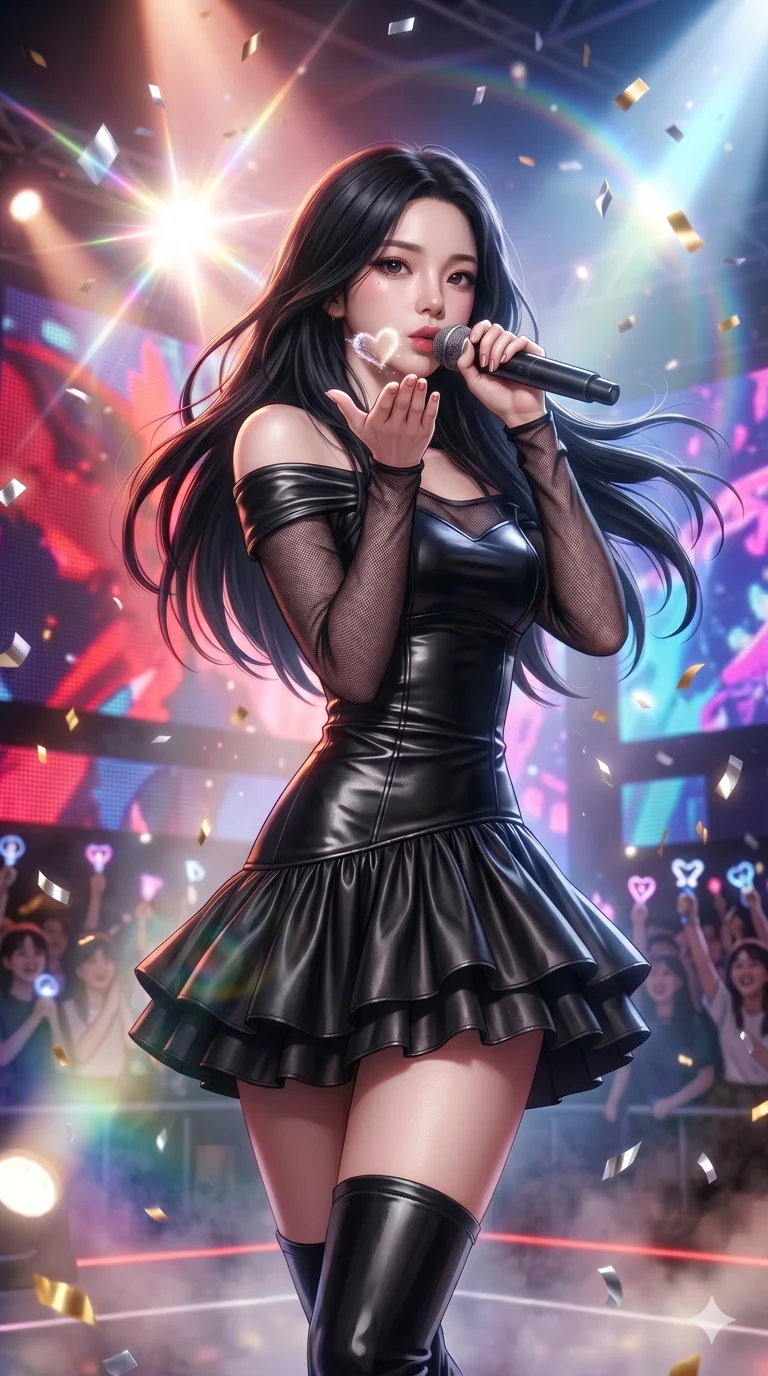 score_9, score_8_up, score_7_up, source_anime, masterpiece, best quality, ultra-detailed, same character with long flowing black hair, wearing the same outfit, upper body shot from thigh up filling the screen, blowing a kiss to the camera, bright lens flare, colorful dreamlike stage lighting, high-end idol aesthetic, 2k, 9:16 ratio