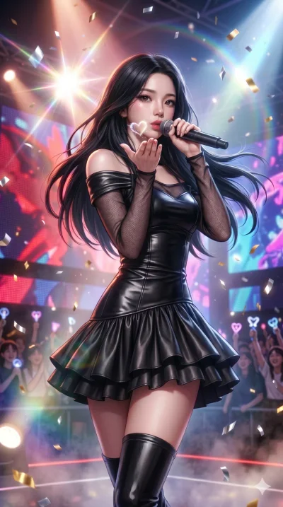 score_9, score_8_up, score_7_up, source_anime, masterpiece, best quality, ultra-detailed, same character with long flowing black hair, wearing the same outfit, upper body shot from thigh up filling the screen, blowing a kiss to the camera, bright len