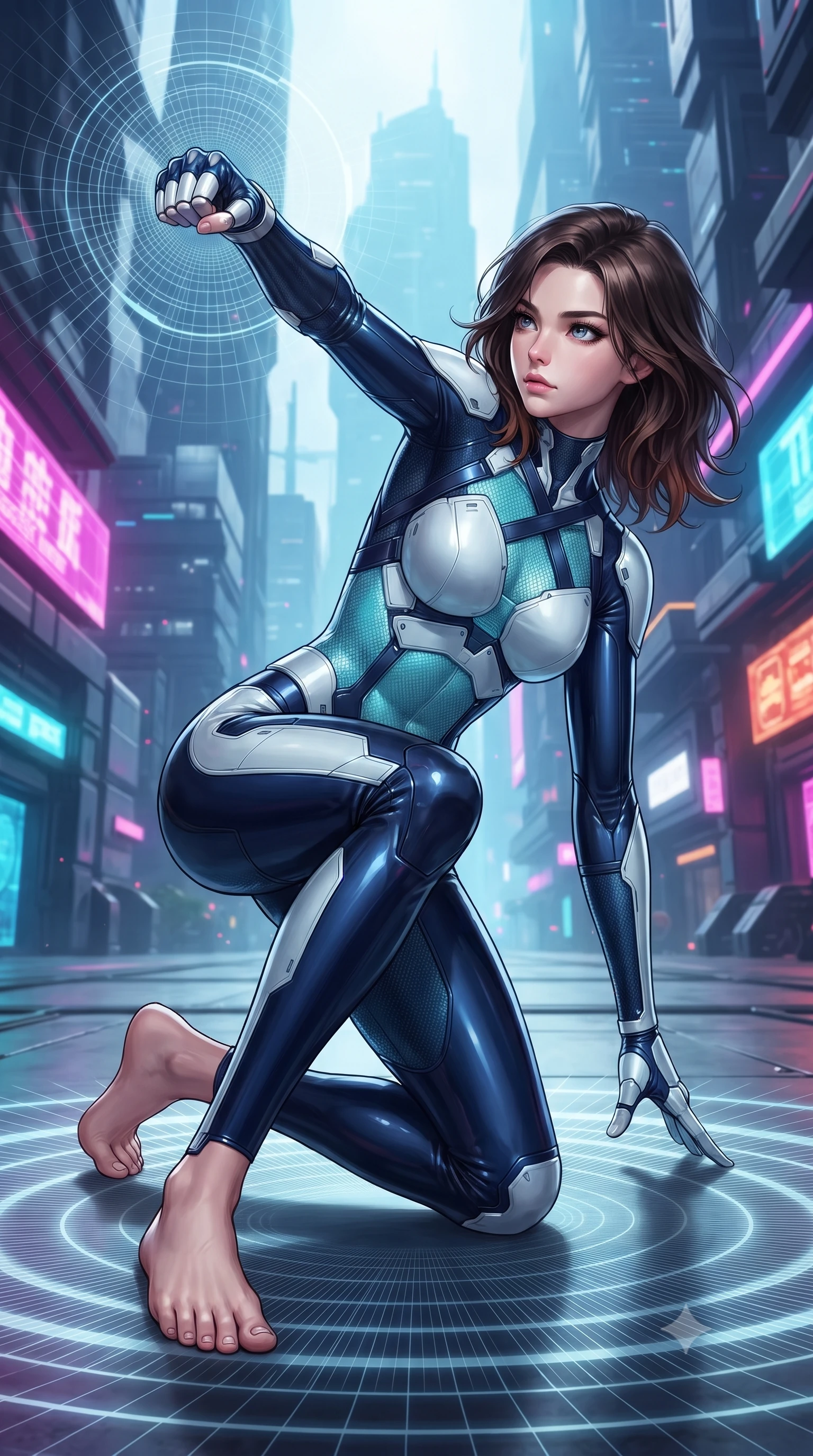 score_9, masterpiece, best quality, ultra-detailed, high-budget anime keyframe, editorial fashion photography, tasteful artistic composition, Korean woman. low angle full-body shot from head to toe showing her feet, filling the entire 9:16 vertical frame with her statuesque presence, stretching her vertical silhouette. landing gracefully from a high-altitude leap on one knee and palm, her statuesque silhouette framed by radial shockwave ripples in the ground while pivoting dynamically as she delivers a precision fist strike into the air, causing quantum grid lines to ripple outward. The surrounding environment is rendered in vivid detail and crisp panoramic clarity. vibrant high-contrast cybernetic lighting and monumental quantum architecture in panoramic precision. She has an absolutely perfect, statuesque 8.5-heads proportion, an exceptionally tall and slender model-like female figure with impossibly long slender legs, a toned flat midriff, and an ultra-slim waist. sharp v-shaped jawline, high-bridge nose, intricate jewel-like eyes with depth, thick eyelashes, glossy lips with a natural sheen, flawlessly proportioned anatomical accuracy, strict slender model proportions, natural body alignment, perfectly sculpted long slender limbs, ultra-slim waistline, clean dynamic posture without body distortion. wearing a statuesque midnight cobalt carbon-fiber battle-suit with platinum trim, reinforced kinetic palm plates, and an ultra-slim waistline in glacial ice-cyan carbon mesh with pure white armor plates, crafted from semi-translucent cybernetic carbon-vinyl interwoven with glowing micro-filaments, complemented by criss-cross back harness straps highlighting her completely bare spine, the glove-like aerodynamic second-skin fit tightly clinging to her ultra-slender waist and athletic curves without adding bulk, accentuating her razor-sharp statuesque lines and slim hourglass silhouette. illuminated by sharp specular highlights tracing her ultra-slim waist, long legs, and sculpted collarbones. ultra-reflective glossy finish, specular highlights, dark metallic sheen, high-contrast stereoscopic depth, volumetric dynamic lighting, 2k, ultra detail, master piece, 9:16 ratio