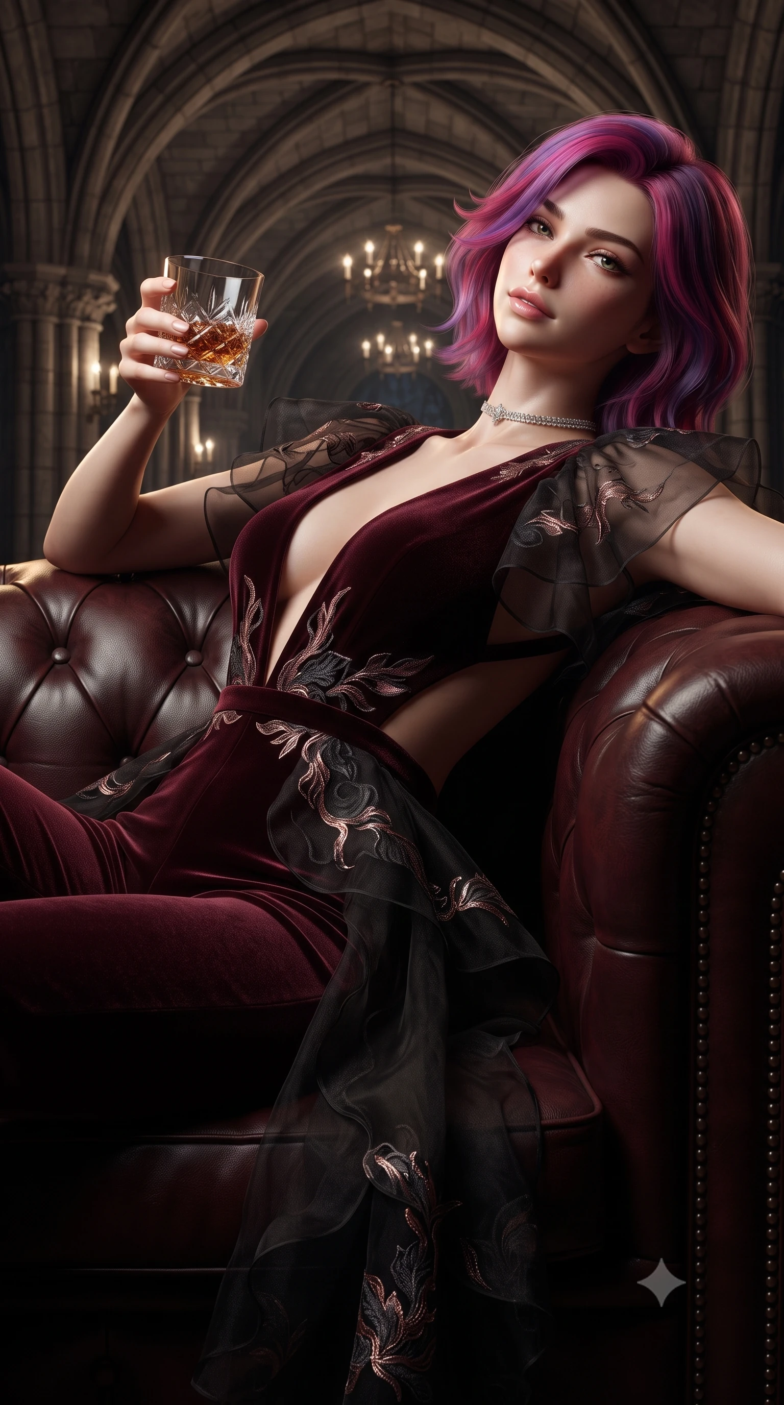 score_9, masterpiece, best quality, ultra-detailed, high-budget anime keyframe, editorial fashion photography, tasteful artistic composition, Caucasian woman. close-up cowboy shot from the waist and thighs up, the character dominates the composition, filling the frame with her large presence. glancing down over lowered lashes before meeting the camera with quiet, devastating intensity, her tailored outfit tracing her ultra-slim waist and hips while reclining back into the tufted dark oxblood Chesterfield armchair, arching her spine with effortless dominance while holding a crystal whiskey tumbler. The surrounding environment is rendered in vivid detail and crisp panoramic clarity. detailed fabric texture, crystal tumbler reflections, and gothic cellar vault architecture in high resolution. She has an exceptionally elegant, slender, and willowy female figure with an ultra-slim waist, flat toned midriff, narrow ribcage, and sculpted feminine hips creating an alluring, slim hourglass silhouette without bulk. sharp v-shaped jawline, high-bridge nose, intricate jewel-like dark sparkling eyes with dangerous depth, thick curled eyelashes, glossy parted lips with a rich wine sheen, smoldering seductive half-smile with bedroom-eyes, exuding effortless superiority and intoxicating dark allure, flawlessly proportioned anatomical accuracy, strict slender model proportions, natural body alignment, perfectly sculpted long slender limbs, ultra-slim waistline, clean dynamic posture without body distortion. wearing a second-skin dark burgundy stretch-velvet jumpsuit with a plunging neckline and open back in smoky charcoal slate and molten rose gold, crafted from layered gossamer black organza with weightless, smoky flutter, finished with a delicate diamond choker catching the chandelier light, the precision-cut side openings and low-back scoop framing her graceful spine and the sensual sweep of her slim, toned hips. illuminated by focused amber key light and dark bronze rim light carving her razor-sharp jawline, narrow waist, and curvy hips. ultra-reflective glossy finish, specular highlights, rich textural contrasts, high-contrast stereoscopic depth, volumetric dynamic lighting, 2k, ultra detail, master piece, 9:16 ratio