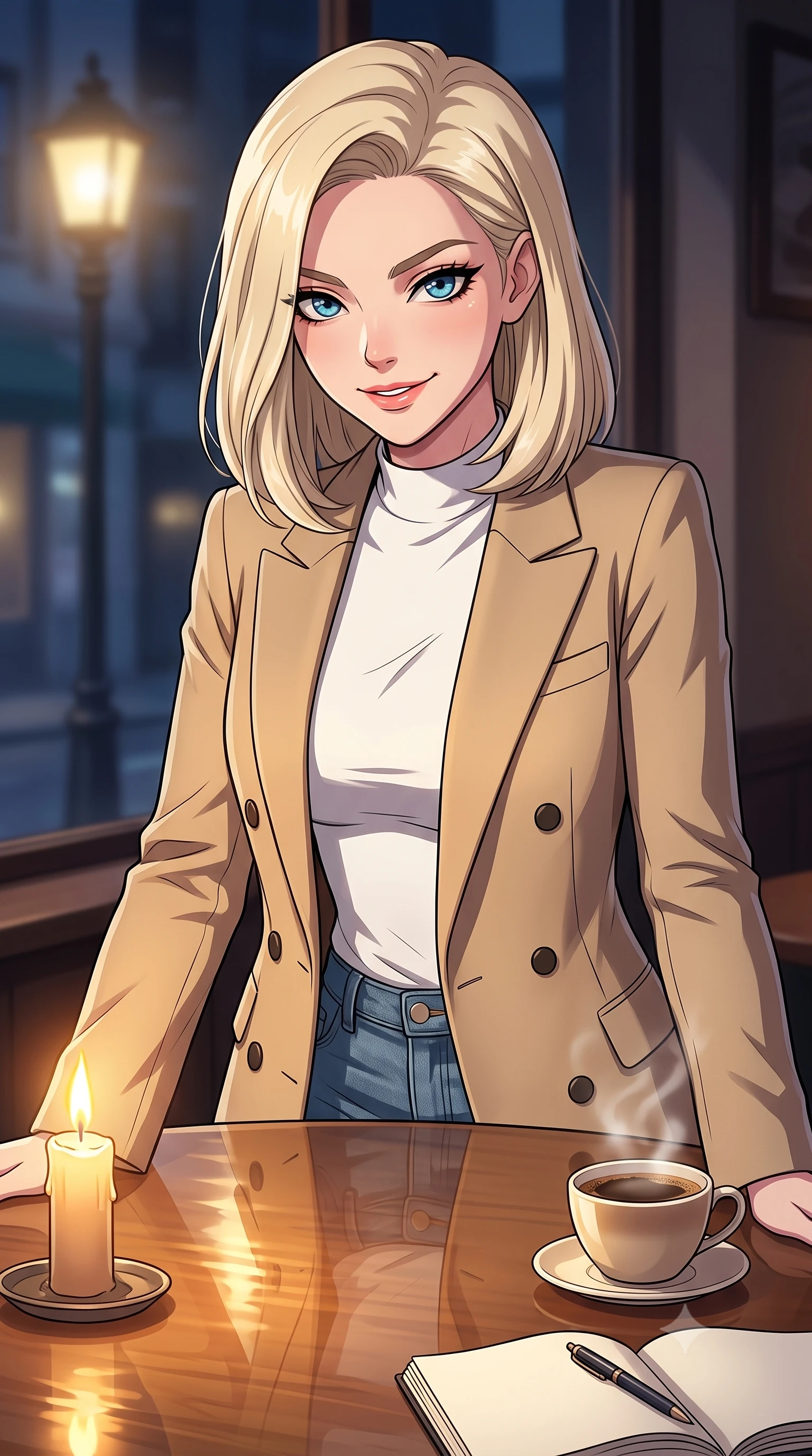score_9, masterpiece, best quality, ultra-detailed, high-budget anime keyframe, tasteful artistic composition, Caucasian woman. close-up cowboy shot from the waist and thighs up, the character dominates the composition, filling the frame with her large presence, background elements kept in soft focus. leaning slightly forward with a playful, teasing smile, her gaze locked onto the viewer the background shows a soft-focus a quiet cafe corner at midnight with a warm cup of coffee and an open notebook. She has an exceptionally elegant, slender, and willowy female figure with an ultra-slim waist, a gracefully sculpted slender torso, and a refined silhouette. sharp v-shaped jawline, high-bridge nose, intricate jewel-like eyes with depth, thick eyelashes, glossy lips with a natural sheen. wearing a slim-fit tailored double-breasted blazer in sand wool, worn over a white mock-neck tee and denim jeans. warm flickering candlelight reflecting off the glossy table surface. highly saturated vibrant anime colors, cel-shading, 2d style, master piece, 9:16 ratio