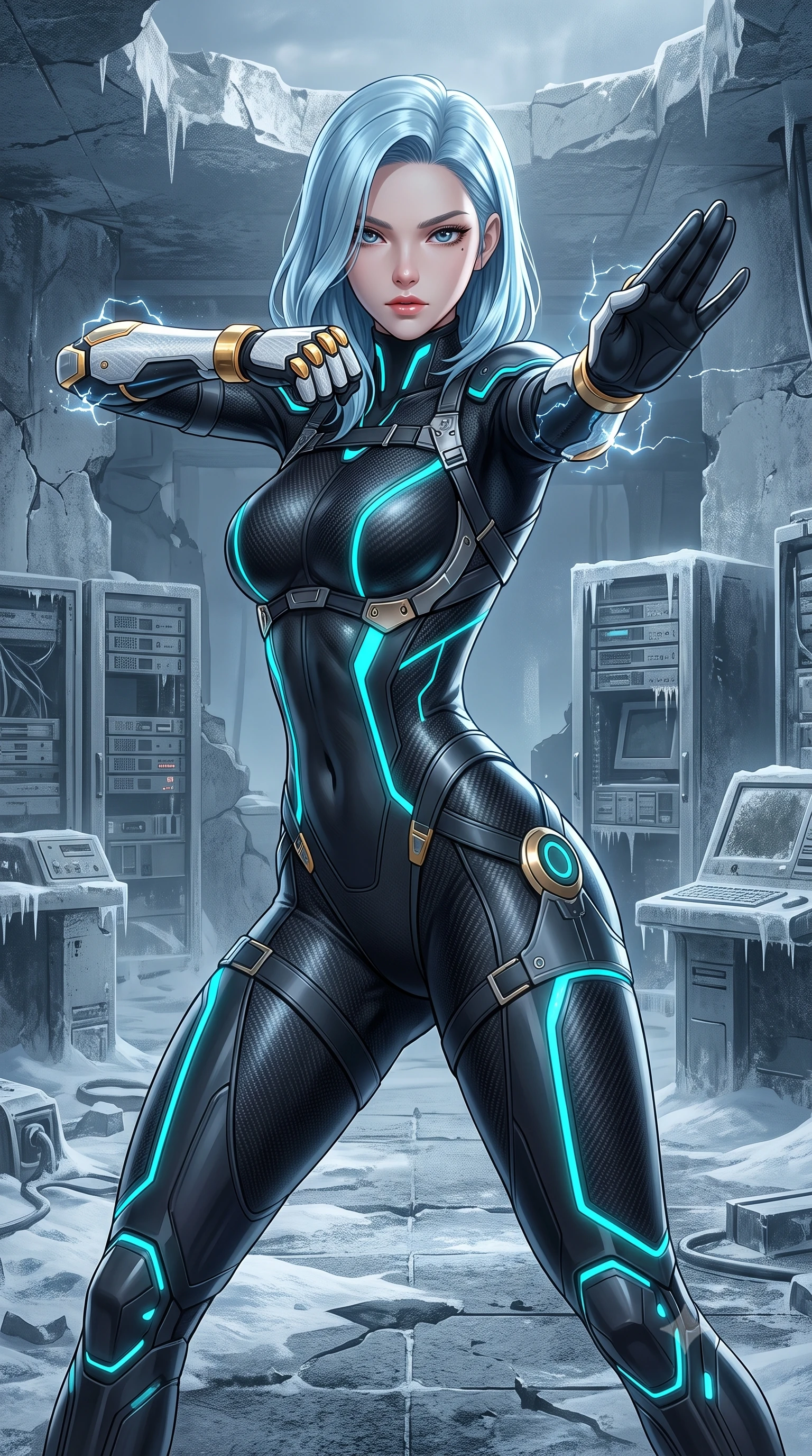 score_9, masterpiece, best quality, ultra-detailed, high-budget anime keyframe, semi-realistic 3D game render, editorial fashion photography, tasteful artistic composition, Korean woman. close-up cowboy shot from the waist and thighs up, the character dominates the composition, filling the frame with her large presence. twisting her upper body in a dynamic S-curve martial arts stance, cybernetic elbow dampers emitting subtle electric sparks as she aims a focused palm strike while stepping across the frosted chamber with silent, lethal predator grace that commands absolute stillness. The surrounding environment is rendered in vivid detail and crisp panoramic clarity. high-contrast arctic chiaroscuro and sleek high-tech laboratory ruin captured with precision. She has an exceptionally elegant, slender, and willowy female figure with an ultra-slim waist, a gracefully sculpted slender torso, toned flat midriff, and a refined slim silhouette. sharp v-shaped jawline, high-bridge nose, intricate jewel-like eyes with depth, thick eyelashes, glossy lips with a natural sheen, flawlessly proportioned anatomical accuracy, strict slender model proportions, natural body alignment, perfectly sculpted long slender limbs, ultra-slim waistline, clean dynamic posture without body distortion. wearing a high-mobility matte-black carbon-fiber combat bodysuit with glowing neon cyan kinetic conduits and Damascus-textured knuckle guards in arctic white carbon composite with radiant solar gold plating, crafted from semi-translucent cybernetic carbon-vinyl interwoven with glowing micro-filaments, reinforced by a sleek titanium kinetic harness and glowing micro-energy straps, the liquid-tight tailored fabric emphasizing every curve of her tall, slender model proportions and sculptured silhouette during dynamic movement. surrounded by a cool, lethal, and breathtakingly alluring frost-martial-goddess aura. rich saturated anime colors with glowing neon highlights, detailed shading with soft gradients, rich glossy textures, high-contrast stereoscopic depth, volumetric dynamic lighting, master piece, 9:16 ratio