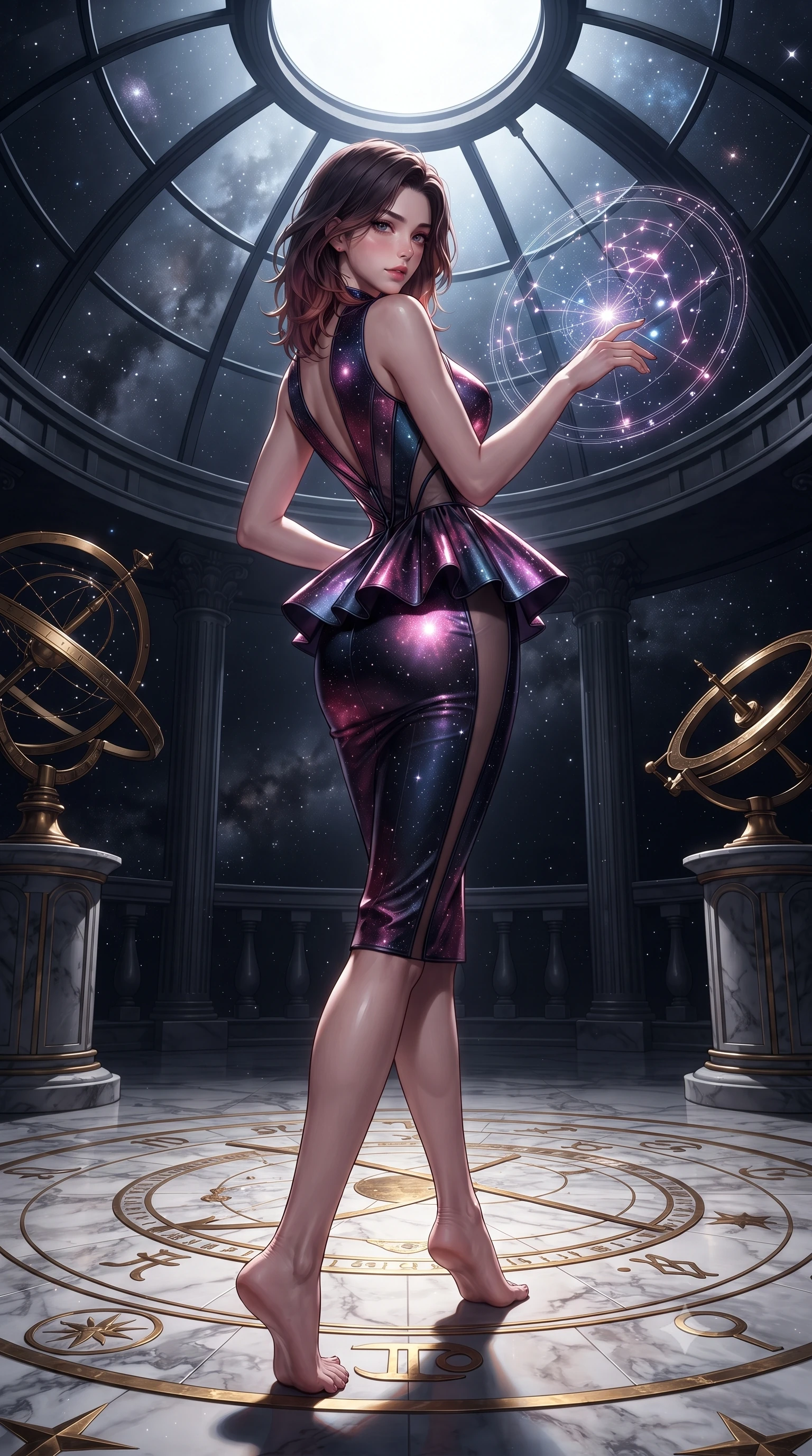 score_9, masterpiece, best quality, ultra-detailed, high-budget anime keyframe, editorial fashion photography, tasteful artistic composition, Korean woman. low angle full-body shot from head to toe showing her feet, filling the entire 9:16 vertical frame with her statuesque presence, stretching her vertical silhouette. posing with back turned slightly to the lens, glancing back with smoldering allure as she arches her lower back to emphasize her sculpted feminine hips and slender waist while arching her spine in a fluid dancer stretch beneath the open observatory glass dome, fingers lightly tracing a floating star map. The surrounding environment is rendered in vivid detail and crisp panoramic clarity. monumental high-contrast cosmic chiaroscuro and sacred astronomical sanctuary architecture in precision. She has an absolutely perfect, statuesque 8.5-heads proportion, an exceptionally tall and slender model-like female figure with impossibly long slender legs, a toned flat midriff, an ultra-slim waist, and beautifully sculpted feminine hips. sharp v-shaped jawline, high-bridge nose, intricate jewel-like eyes with depth, thick eyelashes, glossy parted lips with a natural sheen, intensely captivating and seductive bedroom-eyes expression, flawlessly proportioned anatomical accuracy, strict slender model proportions, natural body alignment, perfectly sculpted long slender limbs, ultra-slim waistline, clean dynamic posture without body distortion. wearing a structural geometric peplum gown with sheer side-ribbon cutouts and form-fitting skirt in cosmic magenta and dark space navy, crafted from luxurious metallic lamé that shifts radiance like distant stars, accessorized with a delicate crystal circlet and celestial brass drop earrings, the liquid-tight tailored fabric clinging flawlessly to her narrow waist and rounded feminine hips, emphasizing every millimeter of her sculpted hourglass curves during movement. surrounded by a celestial, immortal, and deeply hypnotic cosmos sovereign aura. ultra-reflective glossy finish, specular highlights, rich textural contrasts, high-contrast stereoscopic depth, volumetric dynamic lighting, 2k, ultra detail, master piece, 9:16 ratio