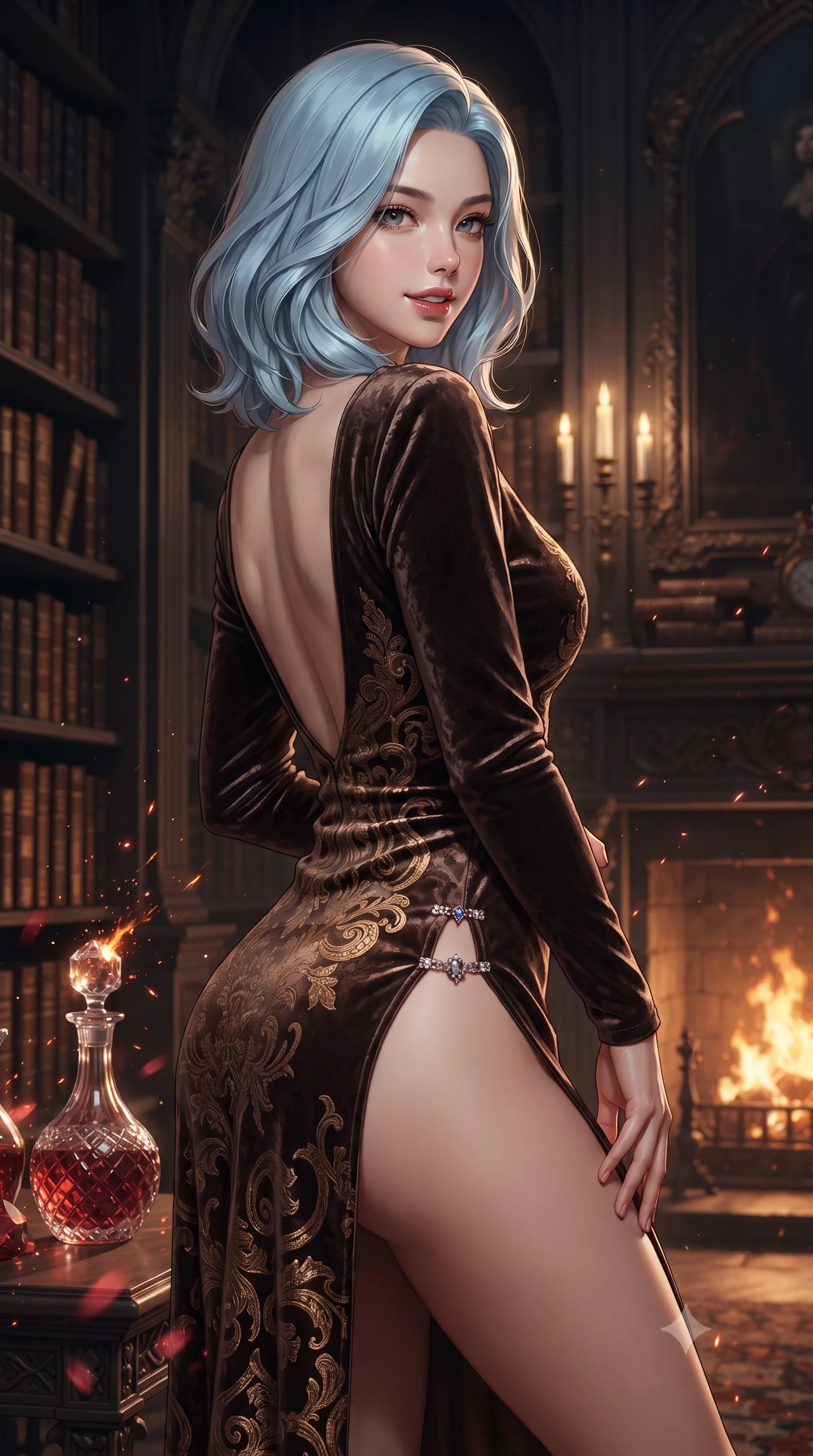 score_9, masterpiece, best quality, ultra-detailed, high-budget anime keyframe, editorial fashion photography, tasteful artistic composition, Korean woman. close-up cowboy shot from the waist and thighs up, the character dominates the composition, filling the frame with her large presence. turning over a bare shoulder with an intoxicating, teasing smile, her soft hair framing her sharp jawline as she looks back while stretching her slender torso in an alluring S-curve while browsing ancient grimoires on towering gothic library shelves. The composition keeps background elements in soft focus with creamy bokeh. rising hearth fire sparks and crystal decanter refractions scattering warm crimson light motes. She has an exceptionally elegant, slender, and willowy female figure with an ultra-slim waist, a gracefully sculpted slender torso, toned flat midriff, and a refined slim silhouette. sharp v-shaped jawline, high-bridge nose, intricate jewel-like eyes with depth, thick eyelashes, glossy parted lips with a natural sheen, intensely captivating and seductive expression, flawlessly proportioned anatomical accuracy, strict slender model proportions, natural body alignment, perfectly sculpted long slender limbs, ultra-slim waistline, clean dynamic posture without body distortion. wearing a plunging-V neckline crushed velvet corseted evening gown with an open scooped back and high-cut thigh slit in shadowy espresso brown and molten bronze, made of rich textured jacquard silk with baroque gold thread, finished with an ultra-high side slit secured by miniature jeweled clasps, the glove-like aerodynamic second-skin fit tightly clinging to her ultra-slender waist and feminine curves without adding bulk. bathed in roaring fireplace amber warmth and soft candelabra glow. ultra-reflective glossy finish, specular highlights, rich textural contrasts, high-contrast stereoscopic depth, volumetric dynamic lighting, 2k, ultra detail, master piece, 9:16 ratio
