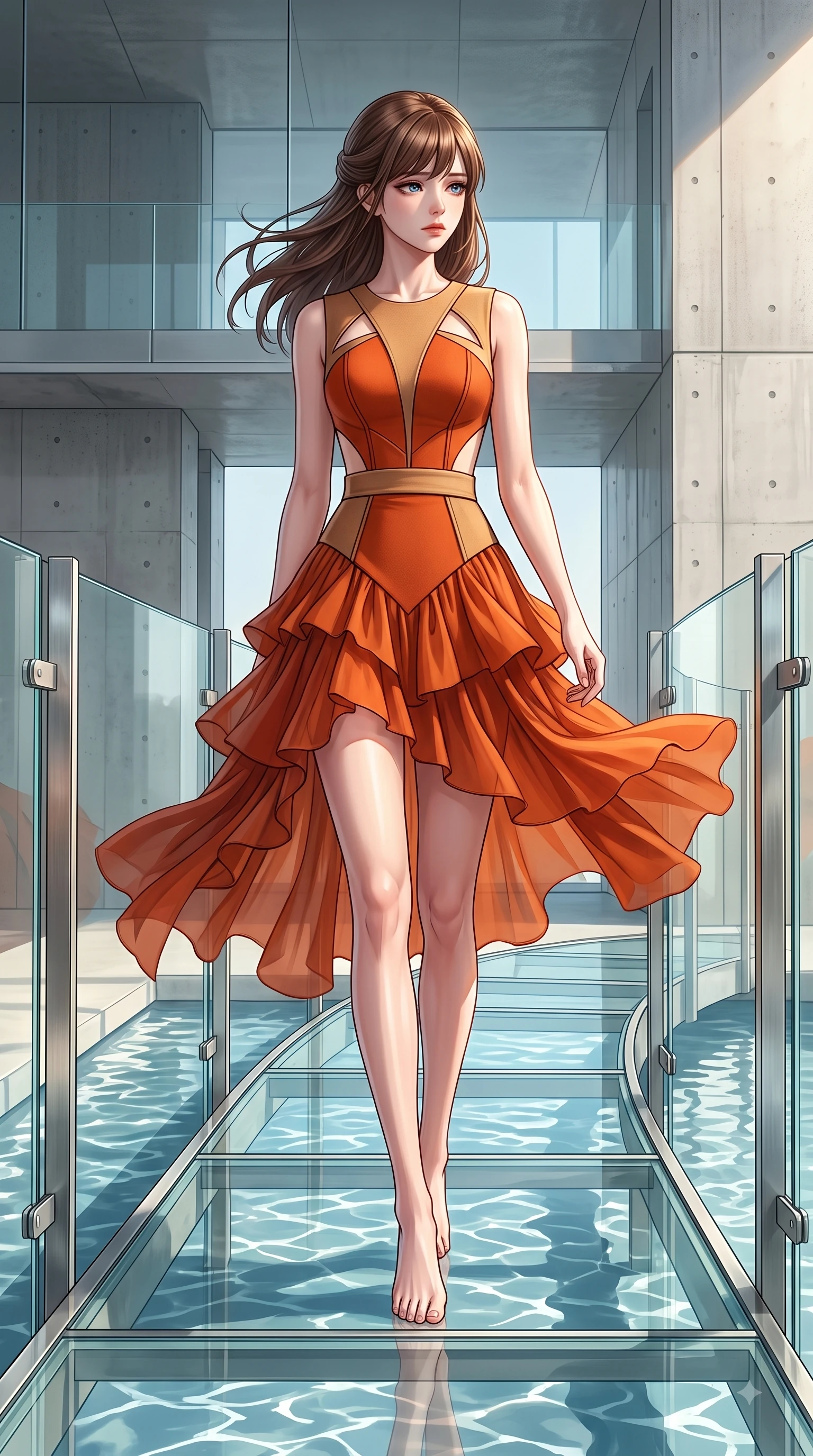 score_9, masterpiece, best quality, ultra-detailed, high-budget anime keyframe, editorial fashion photography, tasteful artistic composition, Korean woman. low angle full-body shot from head to toe showing her feet, filling the entire 9:16 vertical frame with her statuesque presence, stretching her vertical silhouette. Wistful sorrowful gaze looking distant with a delicate melancholy and emotional depth in her eyes while stepping gracefully along a glass bridge overlooking a sunlit indoor reflecting pool. The surrounding environment is rendered in vivid detail and crisp panoramic clarity. sleek minimalist interior design captured with high-contrast environmental precision. She has an absolutely perfect, statuesque 8.5-heads proportion, an exceptionally tall and slender model-like female figure with impossibly long slender legs and an ultra-slim waist. sharp v-shaped jawline, high-bridge nose, intricate jewel-like eyes with depth, thick eyelashes, glossy lips with a natural sheen, flawlessly proportioned anatomical accuracy, natural body alignment, perfectly sculpted elegant limbs, clean dynamic posture without body distortion. wearing a vibrant burnt orange chiffon tiered dress fluttering dynamically in the breeze in burnt orange and warm camel beige, tailored from structured wool crepe with clean lines, complemented by clean architectural seams and subtle cutouts, the chic fashion cut framing her graceful clavicle and slender torso. surrounded by a high-end, luxury architectural fashion aesthetic. highly saturated vibrant anime colors, detailed shading with soft gradients, rich glossy textures, high-contrast stereoscopic depth, volumetric dynamic lighting, master piece, 9:16 ratio