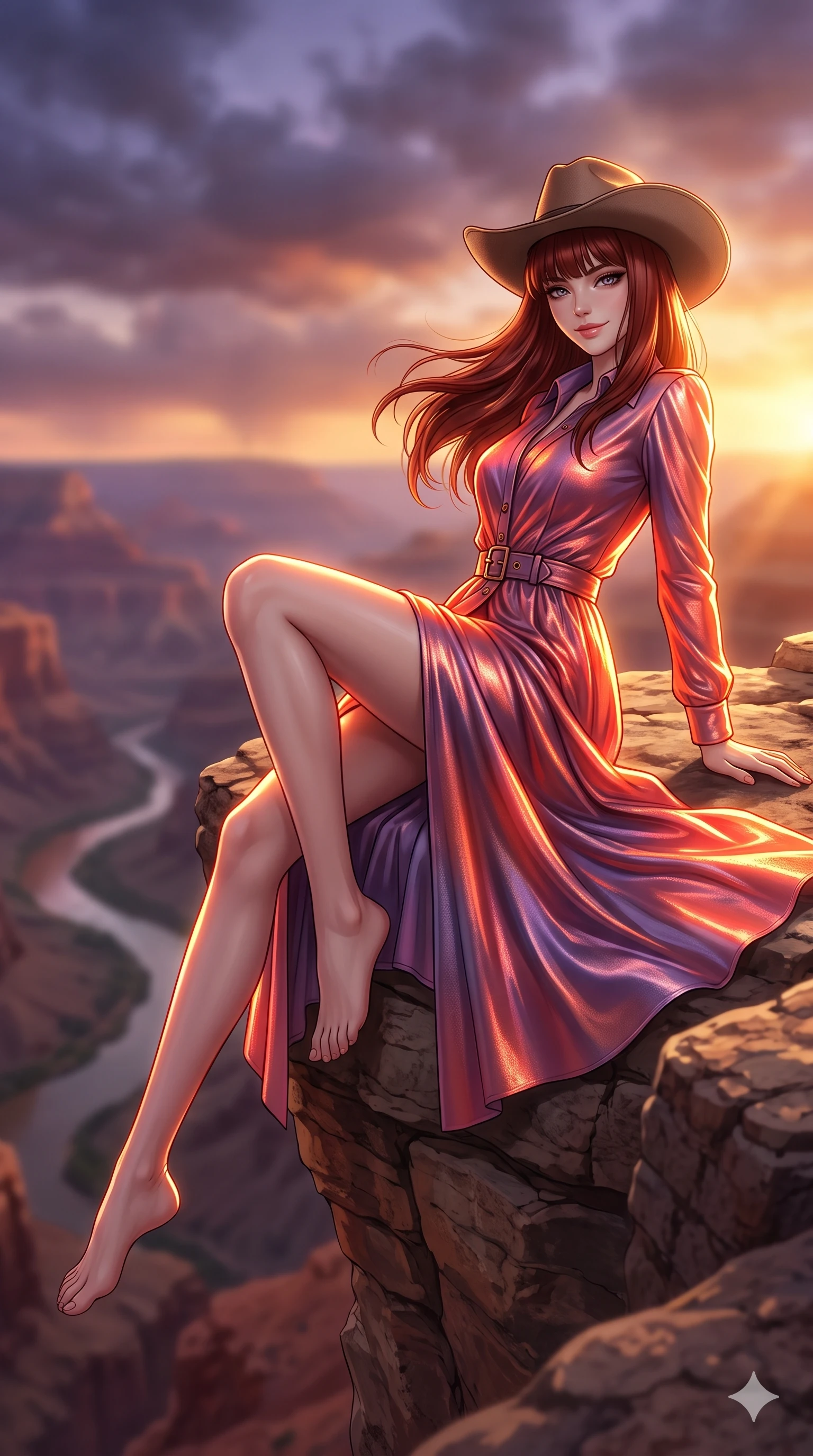 score_9, masterpiece, best quality, ultra-detailed, high-budget anime keyframe, semi-realistic 3D game render, editorial fashion photography, tasteful artistic composition, Caucasian woman. low angle full-body shot from head to toe showing her feet, filling the entire 9:16 vertical frame with her statuesque presence, stretching her vertical silhouette. reclining on her side in an elegant Cleopatra pose with one knee drawn up, the dramatic contour of her rounded hips and long slender legs commanding the 9:16 vertical frame while twisting her slender torso in an alluring contrapposto stance on the cliff rim, sunset canyon breezes whipping her hair and tracing her flat midriff and curvy hips. The background shows a soft-focus the vast labyrinth of canyon chasms, snaking river miles below, and distant storm clouds blurred into purple, terracotta, and amber bokeh. She has an absolutely perfect, statuesque 8.5-heads proportion, an exceptionally tall and slender model-like female figure with impossibly long slender legs, an ultra-slim waist, a flat toned midriff, narrow delicate ribcage, and beautifully sculpted feminine hips creating a graceful, slim hourglass silhouette without any bulky heaviness. sharp v-shaped jawline, high-bridge nose, sparkling eyes with hypnotic seductive depth, thick curled eyelashes, glossy parted lips with a natural dewy peach sheen, alluring bedroom-eyes with an enchanting coquettish smile, exuding magnetic siren charisma and sophisticated glamour, flawlessly proportioned anatomical accuracy, strict slender model proportions, natural body alignment, perfectly sculpted long slender limbs, ultra-slim waistline, clean dynamic posture without body distortion. wearing a refined long-sleeve desert safari trench dress with structured waist belt and brass buckle hardware in blazing neon coral and desert twilight violet, crafted from luxurious metallic lamé that shifts radiance with every step, finished with a wide-brimmed felt cowboy hat tipped back to frame her face and long glossy hair, the bespoke structured tailoring following the natural line of her 8.5-heads silhouette with refined elegance. bathed in the blinding, warm 2200K golden-hour rays of the setting sun casting brilliant specular highlights along her silhouette. highly saturated vibrant anime colors, detailed shading with soft gradients, rich glossy textures, high-contrast stereoscopic depth, volumetric dynamic lighting, master piece, 9:16 ratio