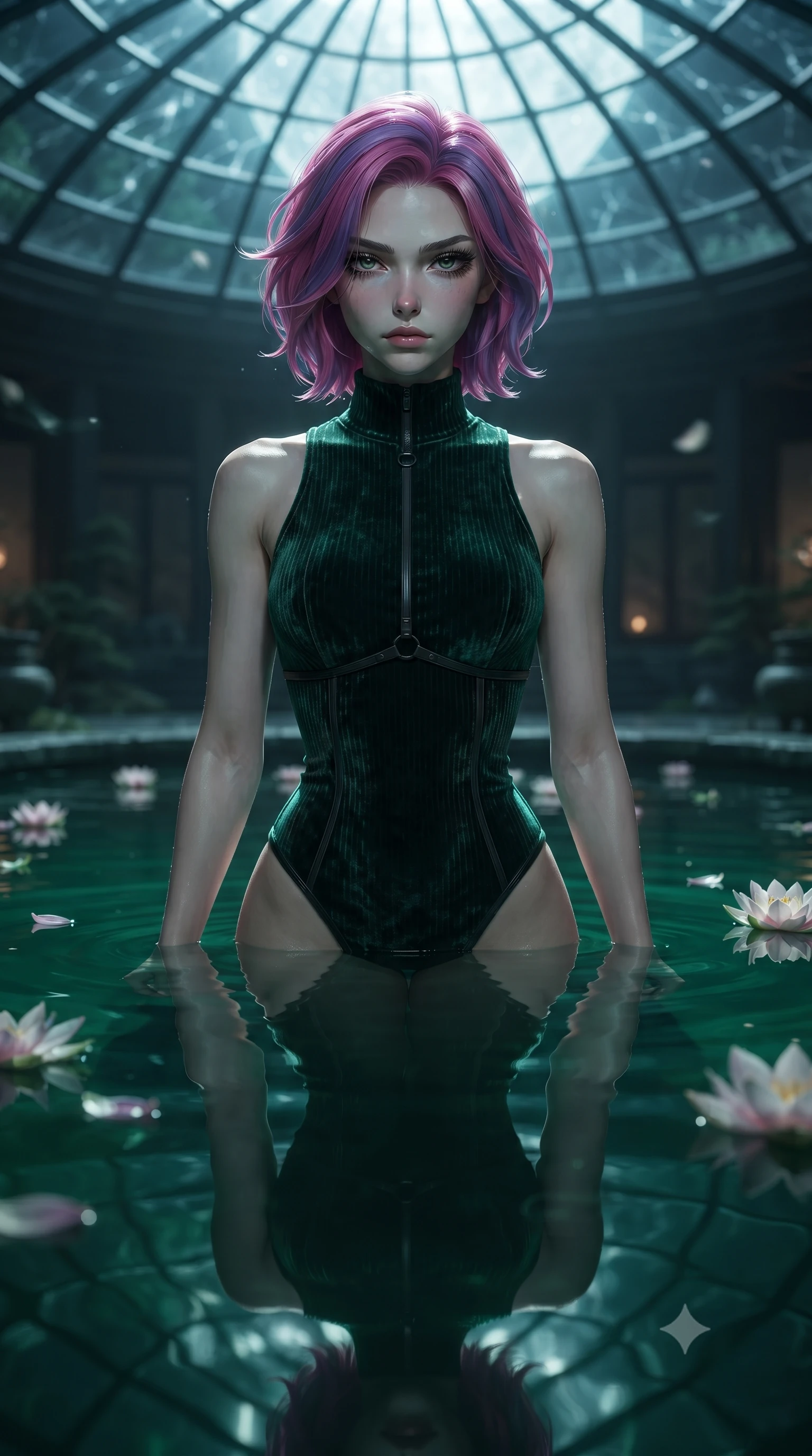 score_9, masterpiece, best quality, ultra-detailed, high-budget anime keyframe, editorial fashion photography, tasteful artistic composition, Caucasian woman. close-up cowboy shot from the waist and thighs up, the character dominates the composition, filling the frame with her large presence, background elements kept in soft focus. Casting a slow, direct gaze beneath heavy lashes with quiet intensity, immersed to the waist in a mirror-still pool as lotus petals drift around her, water surface creating a clear mirror reflection of her statuesque posture. She has an exceptionally elegant, slender, and willowy female figure with an ultra-slim waist, a gracefully sculpted slender torso, and a refined silhouette. sharp v-shaped jawline, high-bridge nose, intricate jewel-like eyes with depth, thick eyelashes, glossy lips with a natural sheen. wearing sleek high-neck ribbed activewear bodysuit in matte black in deep emerald green, made of crushed dark silk velvet, adorned with minimalist black onyx hardware framing the silhouette, following her slender form with tailored precision. illuminated by brilliant cold silver moonlight filtering through glass dome panes. highly saturated vibrant anime colors, detailed shading with soft gradients, rich glossy textures, high-contrast stereoscopic depth, volumetric dynamic lighting, master piece, 9:16 ratio