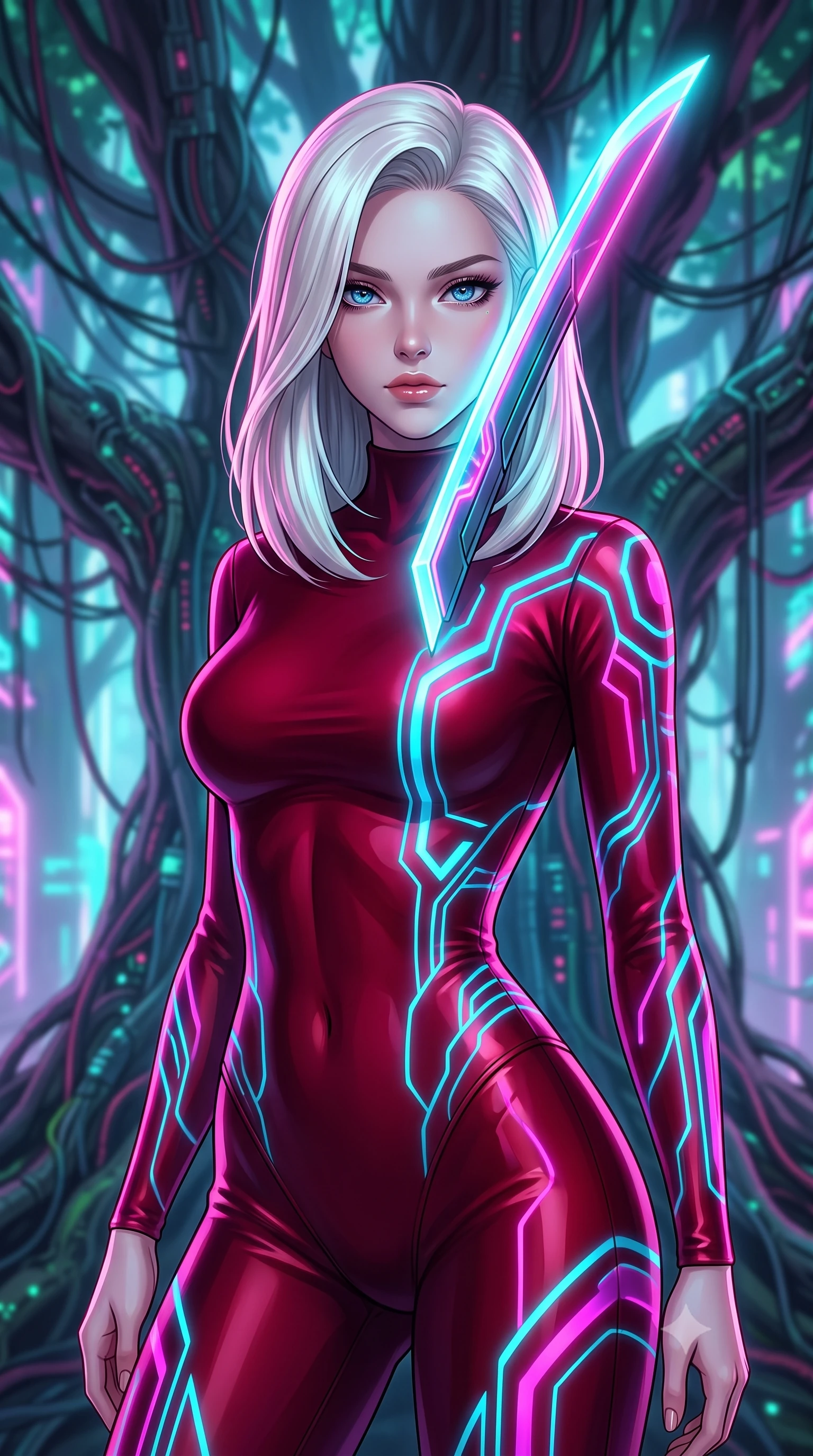score_9, masterpiece, best quality, ultra-detailed, high-budget anime keyframe, editorial fashion photography, tasteful artistic composition, Caucasian woman. close-up cowboy shot from the waist and thighs up, the character dominates the composition, filling the frame with her large presence, background elements kept in soft focus. pressing the flat side of a glowing vibro-blade against her cheek, locking eyes with the viewer with bedroom-eyes, the background shows a soft-focus a neon-lit artificial tree grove with colossal banyan trees woven with wires. She has an exceptionally elegant, slender, and willowy female figure with an ultra-slim waist, a gracefully sculpted slender torso, and a refined silhouette. sharp v-shaped jawline, high-bridge nose, intricate jewel-like eyes with depth, thick eyelashes, glossy lips with a natural sheen. wearing a form-contouring form-contouring high-neck bodycon suit in deep crimson, contouring her athletic build like a second skin. bright cyan and magenta laser lines projecting neon patterns across her form. highly saturated vibrant anime colors, detailed shading with soft gradients, rich glossy textures, high-contrast stereoscopic depth, volumetric dynamic lighting, master piece, 9:16 ratio