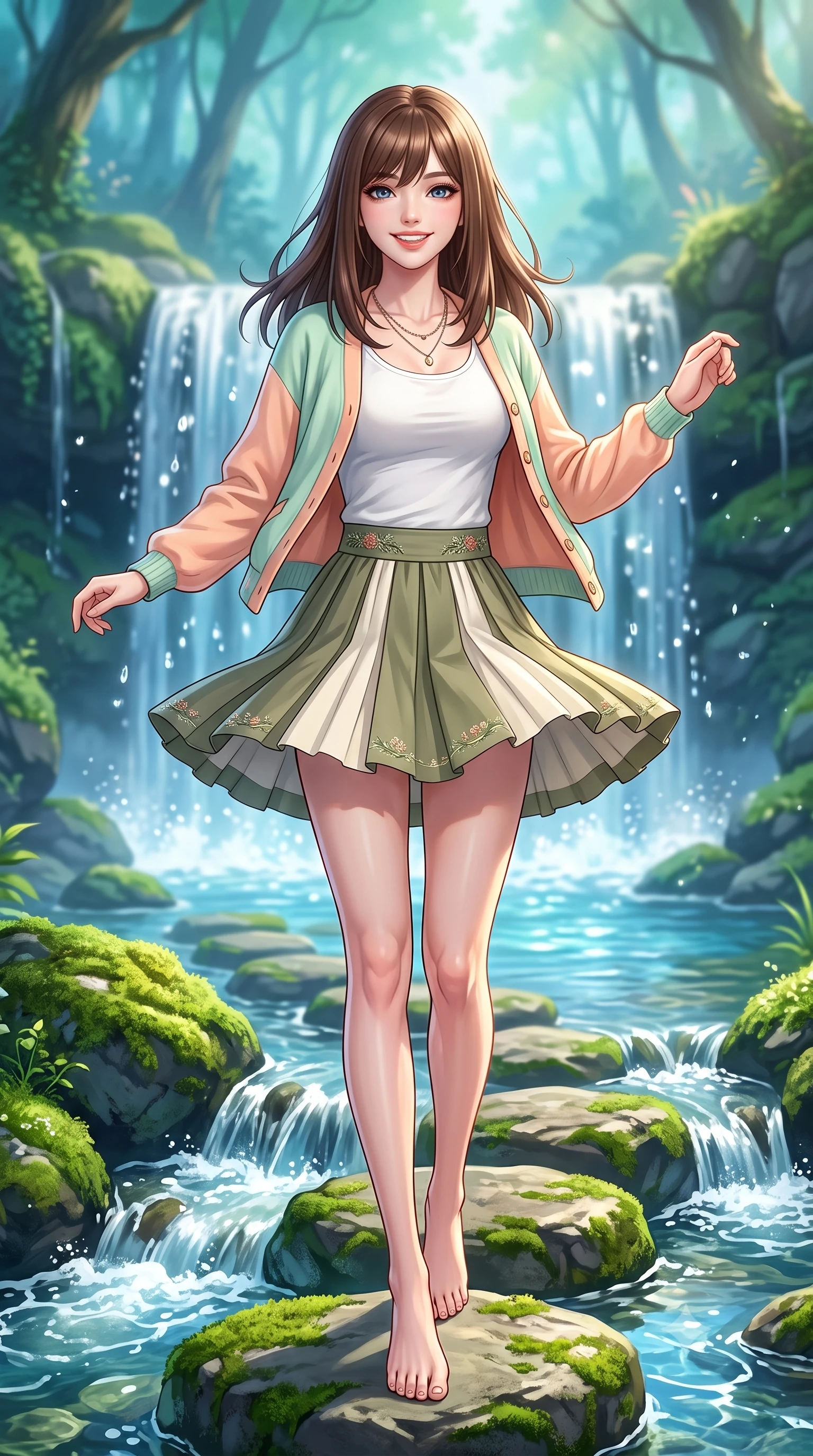 score_9, masterpiece, best quality, ultra-detailed, high-budget anime keyframe, semi-realistic 3D game render, editorial fashion photography, tasteful artistic composition, Korean woman. low angle full-body shot from head to toe showing her feet, filling the entire 9:16 vertical frame with her statuesque presence, stretching her vertical silhouette. performing a cheerful mid-motion turn with effortless poise, her skirt fluttering softly as she smiles into the camera while stepping lightly across mossy stepping stones over a bubbling creek, her balance effortlessly graceful and poised. The surrounding environment is rendered in vivid detail and crisp panoramic clarity. sharp cascading waterfall droplets, velvet moss textures on river stones, and clear pool caustics in deep focus. She has an absolutely perfect, statuesque 8.5-heads proportion, an exceptionally tall and slender model-like female figure with impossibly long slender legs, a toned flat midriff, and an ultra-slim waist. sharp v-shaped jawline, high-bridge nose, intricate jewel-like eyes with depth, thick eyelashes, glossy lips with a natural sheen, pure and lovely fresh girlhood expression, flawlessly proportioned anatomical accuracy, strict slender model proportions, natural body alignment, perfectly sculpted long slender limbs, ultra-slim waistline, clean dynamic posture without body distortion. wearing a chic pastel varsity cardigan over a simple white scoop-neck tee and a pleated mini skirt in muted olive green and ivory cotton, tailored from crisp organic cotton poplin, complemented by subtle floral embroidery along the neckline and hem, the body-hugging lightweight knit clinging delicately to her slender torso, accentuating her graceful neck and feminine lines. surrounded by an enchanting, whimsical, and pure fairy-tale glen maiden aura. highly saturated vibrant anime colors, detailed shading with soft gradients, rich glossy textures, high-contrast stereoscopic depth, volumetric dynamic lighting, master piece, 9:16 ratio