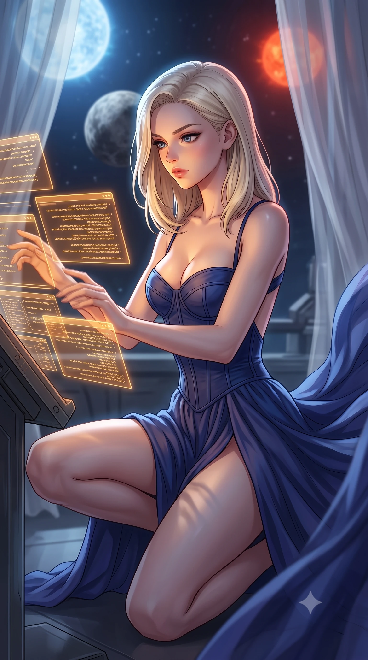 score_9, masterpiece, best quality, ultra-detailed, high-budget anime keyframe, editorial fashion photography, tasteful artistic composition, Caucasian woman, strictly human ears. close-up cowboy shot from the waist and thighs up, the character dominates the composition, filling the frame with her large presence, background elements kept in soft focus. Hacking a security terminal in a low crouch, fingers moving in a blur as amber code screens surround her. set against a soft-focus background of a rocky moon positioned between a blue giant star and a red dwarf star, creating dual-colored horizons. She has an exceptionally elegant and slender, willowy female figure with an ultra-slim waist, a gracefully sculpted slender torso, and a refined slim physique. sharp v-shaped jawline, high-bridge nose, intricate jewel-like eyes with depth, thick eyelashes, glossy lips with a natural sheen. wearing the lightweight fabric rippling and billowing dramatically with her movement, a form-contouring structured bustier gown in deep indigo blue, featuring a boned bodice, a daring high front slit, and an open back. highly saturated vibrant anime colors, intense vivid color palette, soft 3D volumetric shading, volumetric dynamic lighting, cold silver moonlight filtered through translucent gossamer curtains casting delicate shadows. 2k, ultra detail, master piece, 9:16 ratio