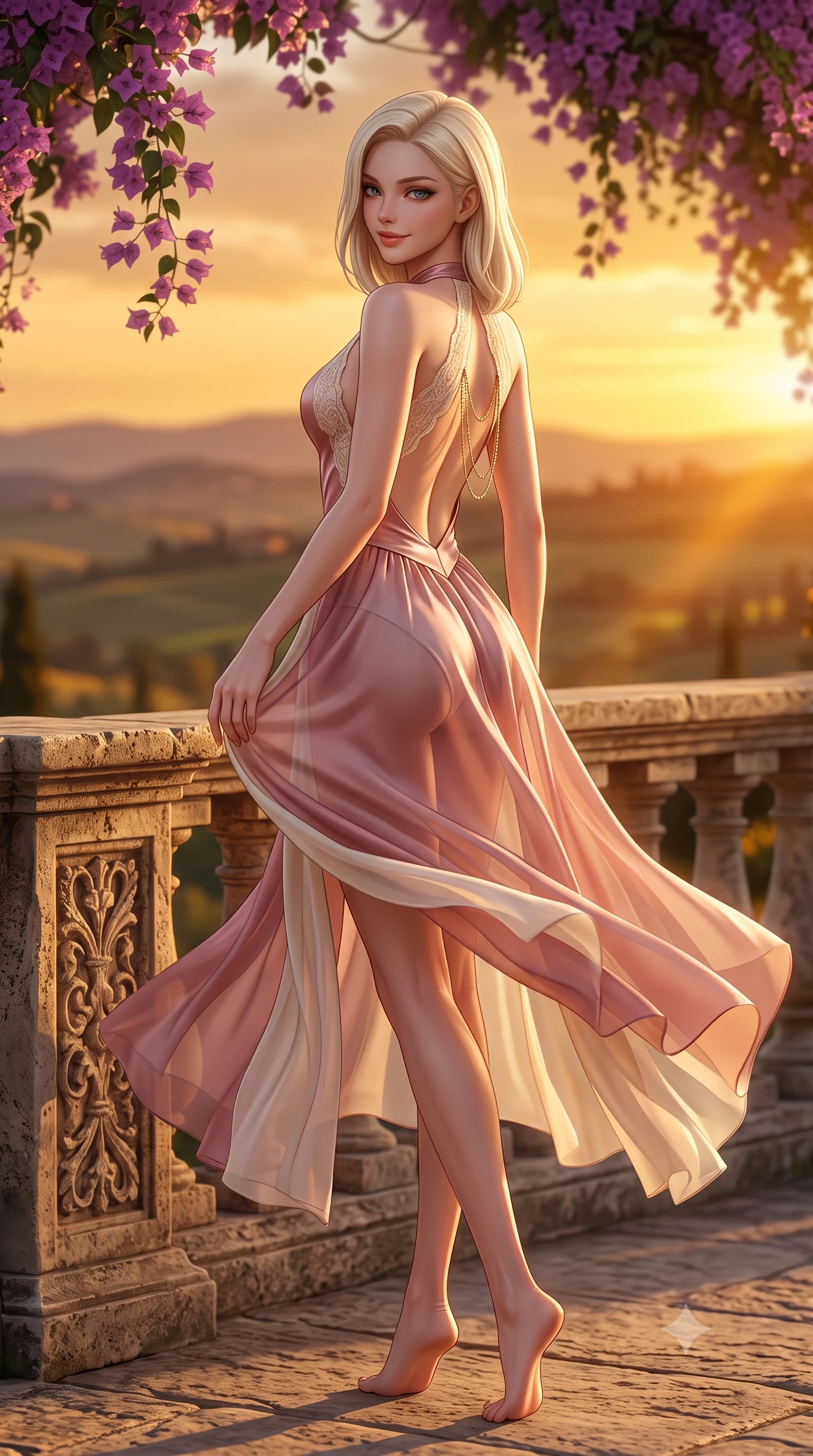 score_9, masterpiece, best quality, ultra-detailed, high-budget anime keyframe, semi-realistic 3D game render, editorial fashion photography, tasteful artistic composition, Caucasian woman. low angle full-body shot from head to toe showing her feet, filling the entire 9:16 vertical frame with her statuesque presence, stretching her vertical silhouette. executing a slow, graceful pivot turn as her skirt sways around her slender legs, glancing back with an enchanting, teasing sensual expression while standing poised beside the ancient carved stone balustrade, arching her back with breathtaking Mediterranean elegance as golden sunset washes over the hills. The background shows a soft-focus overhanging purple bougainvillea vines softened in romantic Italian golden-hour shallow focus. She has an absolutely perfect, statuesque 8.5-heads proportion, an exceptionally tall and slender model-like female figure with impossibly long slender legs, an ultra-slim waist, a flat toned midriff, narrow delicate ribcage, and beautifully sculpted feminine hips creating a graceful, slim hourglass silhouette without any bulky heaviness. sharp v-shaped jawline, high-bridge nose, sparkling eyes with hypnotic seductive depth, thick curled eyelashes, glossy parted lips with a natural dewy peach sheen, alluring bedroom-eyes with an enchanting coquettish smile, exuding magnetic siren charisma and sophisticated glamour, flawlessly proportioned anatomical accuracy, strict slender model proportions, natural body alignment, perfectly sculpted long slender limbs, ultra-slim waistline, clean dynamic posture without body distortion. wearing a criss-cross halterneck keyhole bodysuit with open back and sculpted waist darts in dusky blush pink and warm ivory lace, crafted from fluid liquid silk satin that clings smoothly to every curve with a dewy sheen, accented with an open-back drape framed by falling strands of delicate gold chains, the form-contouring silhouette accentuating her sculpted flat midriff, narrow delicate ribcage, and gracefully curvy hips with intoxicating allure. bathed in the deep, rich golden hour sunlight streaming horizontally across the Tuscan rolling hills. highly saturated vibrant anime colors, detailed shading with soft gradients, rich glossy textures, high-contrast stereoscopic depth, volumetric dynamic lighting, master piece, 9:16 ratio