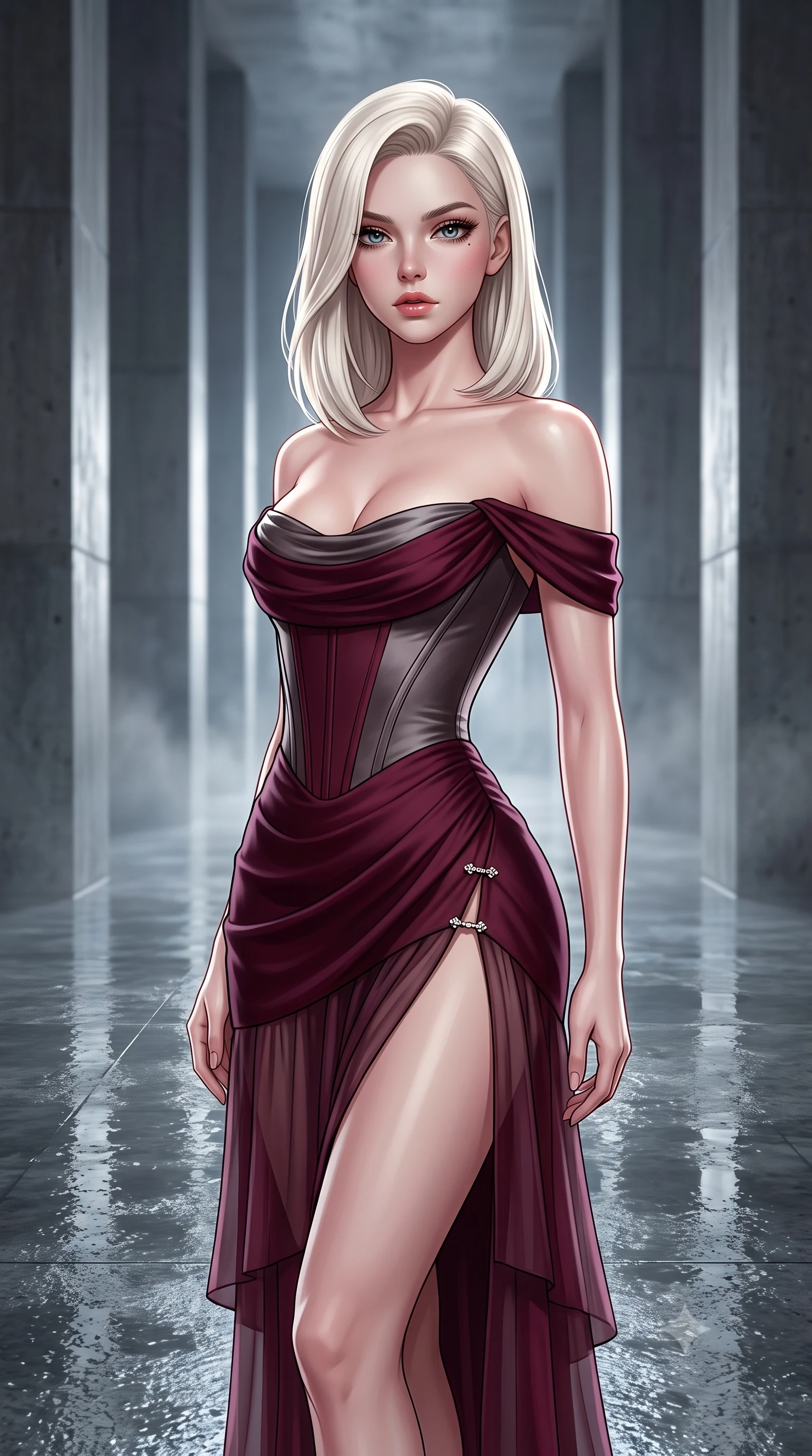 score_9, masterpiece, best quality, ultra-detailed, high-budget anime keyframe, semi-realistic 3D game render, editorial fashion photography, tasteful artistic composition, Caucasian woman. close-up cowboy shot from the waist and thighs up, the character dominates the composition, filling the frame with her large presence. leaning back with relaxed seductive grace, her sculpted collarbones and narrow waist highlighted as she casts smoldering bedroom-eyes directly into the camera while standing on the vast wet concrete floor between monumental 20-meter high pillars resembling a subterranean temple, arching her back with high-fashion sovereign poise. The composition keeps background elements in soft focus with creamy bokeh. water surface sheen on the vast cistern floor and rising subterranean mist softened in monumental minimalist shallow focus. She has an exceptionally elegant, slender, and willowy female figure with an ultra-slim waist, flat toned midriff, narrow ribcage, and sculpted feminine hips creating an alluring, slim hourglass silhouette without bulk. sharp v-shaped jawline, high-bridge nose, intricate jewel-like eyes with depth, thick eyelashes, glossy parted lips with a natural sheen, intensely captivating and seductive bedroom-eyes expression, flawlessly proportioned anatomical accuracy, strict slender model proportions, natural body alignment, perfectly sculpted long slender limbs, ultra-slim waistline, clean dynamic posture without body distortion. wearing an off-shoulder French court corset bodice dress paired with a tiered translucent chiffon slit skirt in deep wine burgundy and brushed dark platinum, made of fluid silk crepe with delicate inner corsetry boning, finished with an ultra-high side slit secured by miniature jeweled clasps, the liquid-tight tailored fabric clinging flawlessly to her narrow waist and rounded feminine hips, emphasizing every millimeter of her sculpted slim hourglass curves without any bulky heaviness. illuminated by wet floor specular reflections sharply carving her razor-sharp jawline, narrow waist, and curvy hips. highly saturated vibrant anime colors, detailed shading with soft gradients, rich glossy textures, high-contrast stereoscopic depth, volumetric dynamic lighting, master piece, 9:16 ratio