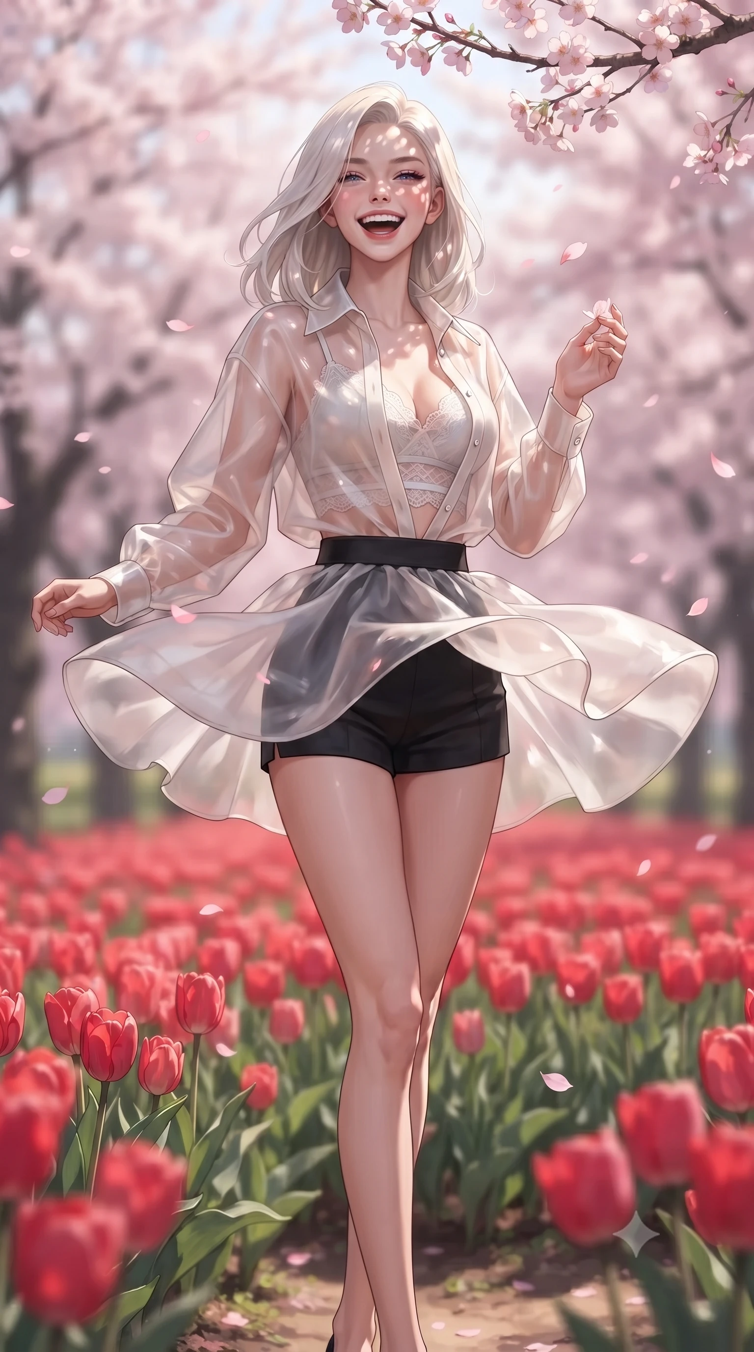 score_9, masterpiece, best quality, ultra-detailed, high-budget anime keyframe, editorial fashion photography, tasteful artistic composition, Caucasian woman. low angle full-body shot from head to toe showing her feet, filling the entire 9:16 vertical frame with her statuesque presence, stretching her vertical silhouette. twirling around with a playful, cute laugh, her skirt billowing beautifully in the air set against a soft-focus background of in a bright field of red tulips stretching to the horizon catching falling pink cherry blossom petals with a delighted look. She has an absolutely perfect, statuesque 8.5-heads proportion, an exceptionally tall and slender model-like female figure with impossibly long slender legs and an ultra-slim waist. sharp v-shaped jawline, high-bridge nose, intricate jewel-like eyes with depth, thick eyelashes, glossy lips with a natural sheen. wearing form-contouring sheer organza button-up shirt worn over a lace-accented crop top and high-waist mini shorts. dappled sunlight filtering through the cherry blossom branches onto her face. ultra-reflective glossy finish, specular highlights, metallic sheen, high-contrast stereoscopic depth, volumetric dynamic lighting, 2k, ultra detail, master piece, 9:16 ratio