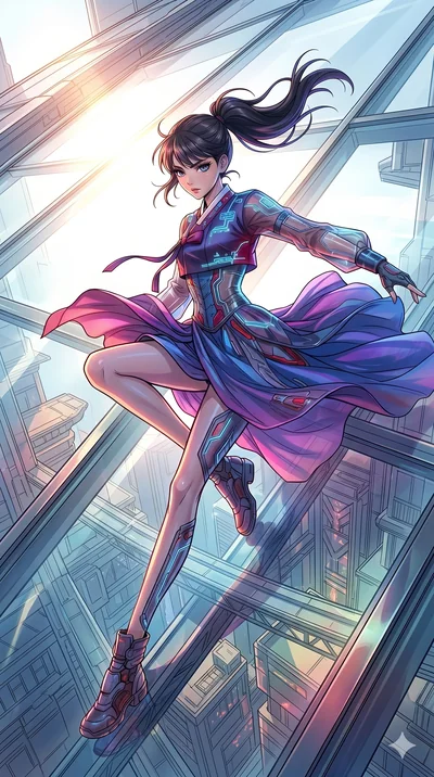 score_9, masterpiece, best quality, ultra-detailed, high-budget anime movie keyframe, cinematic anime lighting, intricate line art, Japanese woman. Dynamic full-body shot stretching the vertical silhouette with extreme perspective. sliding down a gla
