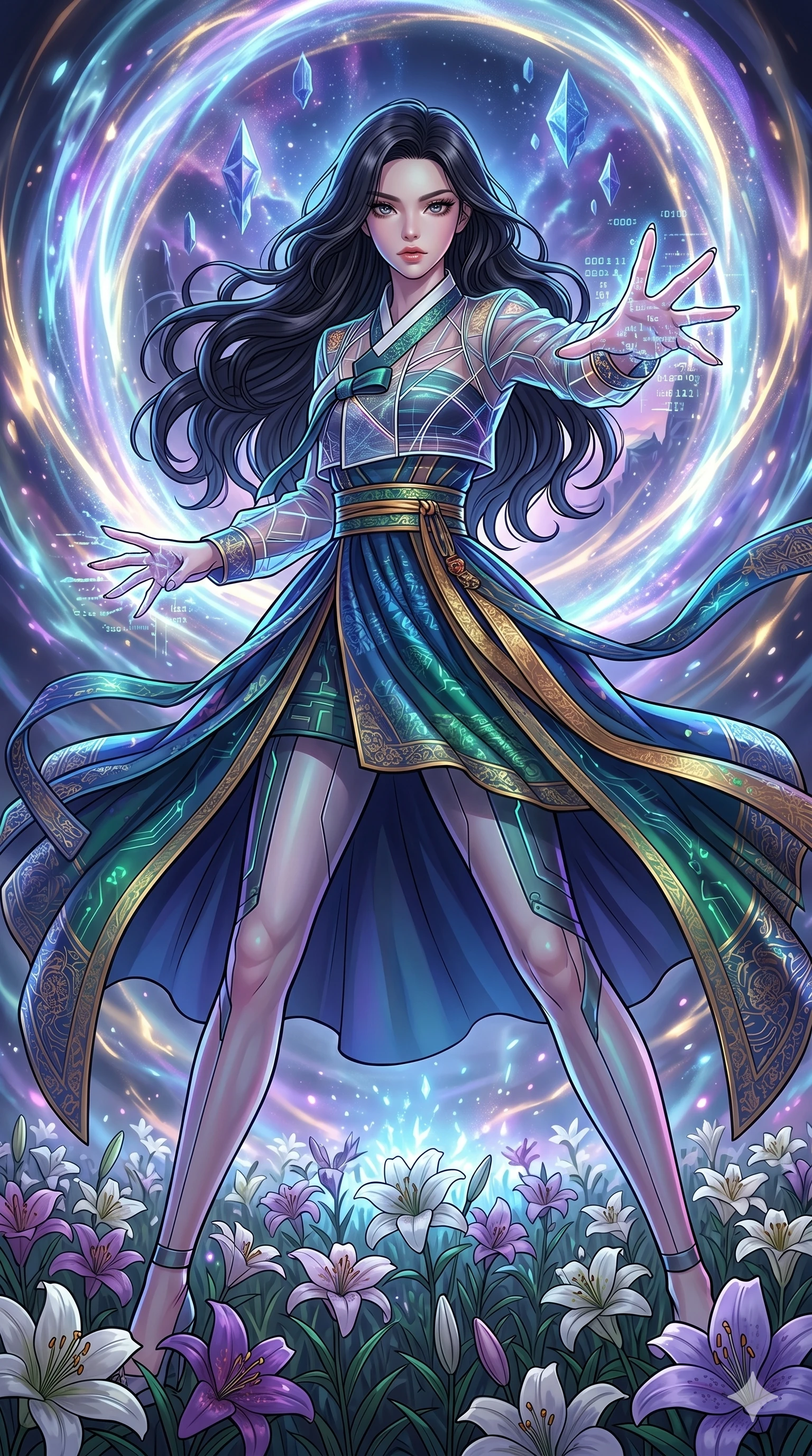 score_9, masterpiece, best quality, ultra-detailed, high-budget anime movie keyframe, cinematic anime lighting, intricate line art, Caucasian (strictly human ears) woman. Low angle cowboy shot capturing a powerful motion and statuesque presence. summoning a gateway to another dimension in a field of lilies. She has an absolutely perfect 8-heads proportion, an exceptionally tall and slender female figure with an ultra-slim waist and impossibly long slender legs. strictly human anatomy, two legs only, no extra limbs, clearly defined legs and arms, perfect anatomy, perfect hands and fingers. sharp v-shaped jawline, high-bridge nose, intricate jewel-like eyes, thick eyelashes, glossy lips. Wearing Modern Traditional: Shortened cyber-hanbok with fusion silk robes and transparent panels. The scene is illuminated by dramatic atmospheric lighting and vibrant color palettes. , 2k, ultra detail, master piece, 9:16 ratio