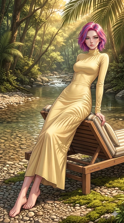 score_9, masterpiece, best quality, ultra-detailed, high-budget anime keyframe, editorial fashion photography, tasteful artistic composition, Caucasian woman, strictly human ears. low angle full-body shot from head to toe showing her feet, filling th
