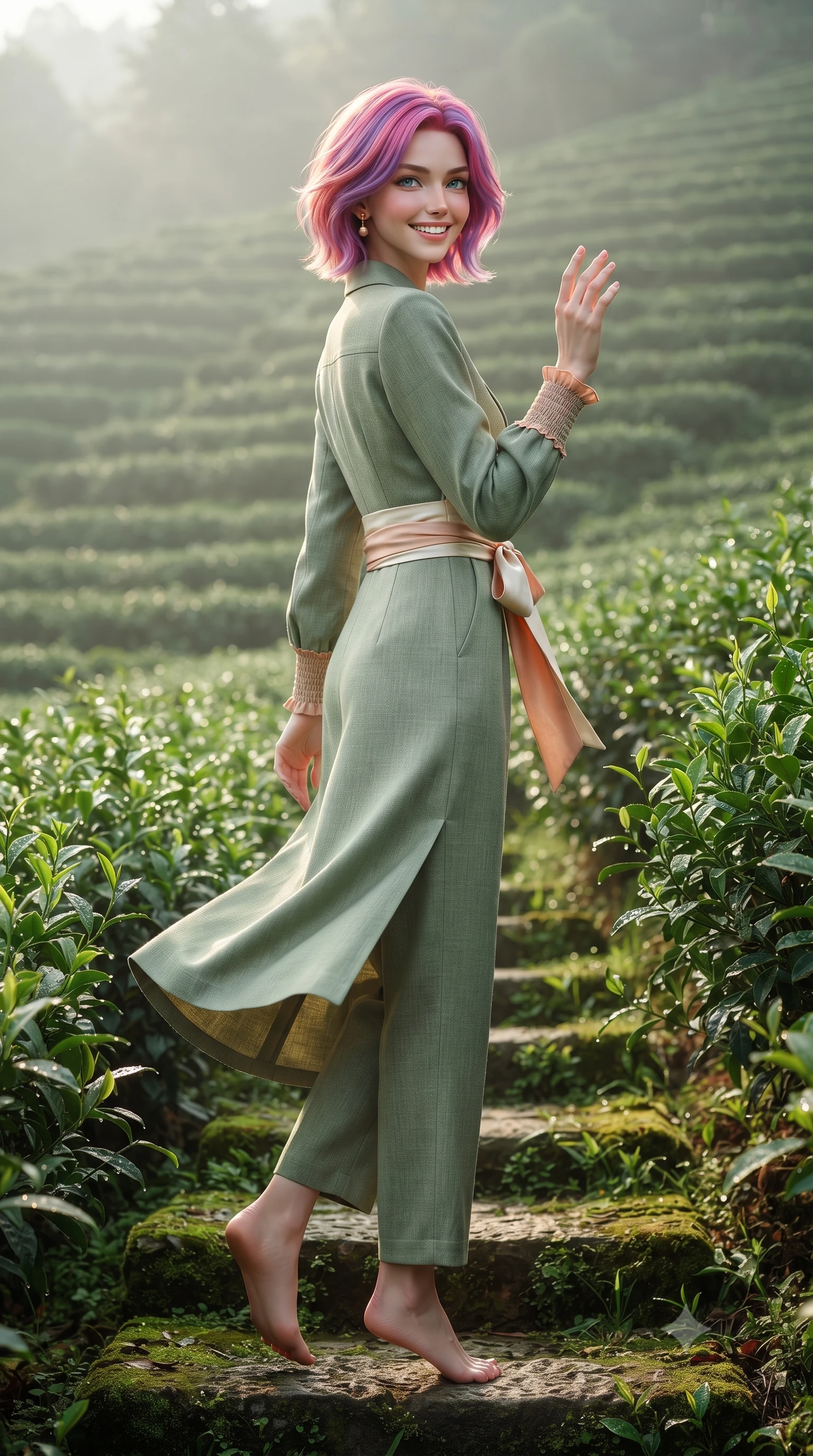 score_9, masterpiece, best quality, ultra-detailed, high-budget anime keyframe, editorial fashion photography, tasteful artistic composition, Caucasian woman. low angle full-body shot from head to toe showing her feet, filling the entire 9:16 vertical frame with her statuesque presence, stretching her vertical silhouette. performing a cheerful mid-motion turn with effortless poise, her skirt fluttering softly as she smiles into the camera while walking gracefully along terraced emerald green tea rows as gentle morning mist swirls around her steps. The surrounding environment is rendered in vivid detail and crisp panoramic clarity. glistening morning dewdrops on fresh tea leaves, neat curving terrace contours, and stone steps in sharp focus. She has an absolutely perfect, statuesque 8.5-heads proportion, an exceptionally tall and slender model-like female figure with impossibly long slender legs, a toned flat midriff, and an ultra-slim waist. sharp v-shaped jawline, high-bridge nose, intricate jewel-like eyes with depth, thick eyelashes, glossy lips with a natural sheen, pure and lovely fresh girlhood expression, flawlessly proportioned anatomical accuracy, strict slender model proportions, natural body alignment, perfectly sculpted long slender limbs, ultra-slim waistline, clean dynamic posture without body distortion. wearing a relaxed sage green linen jumpsuit with a tied waist sash and folded collar in warm peach blossom pink and champagne ivory, tailored from soft pastel lightweight wool blend with subtle texture, accented with soft smocked elastic details and ruffled cuff trims, the body-hugging lightweight knit clinging delicately to her slender torso, accentuating her graceful neck and feminine lines. surrounded by a peaceful, pristine, and deeply refreshing morning goddess aura. ultra-reflective glossy finish, specular highlights, rich natural textures, high-contrast stereoscopic depth, volumetric dynamic lighting, 2k, ultra detail, master piece, 9:16 ratio