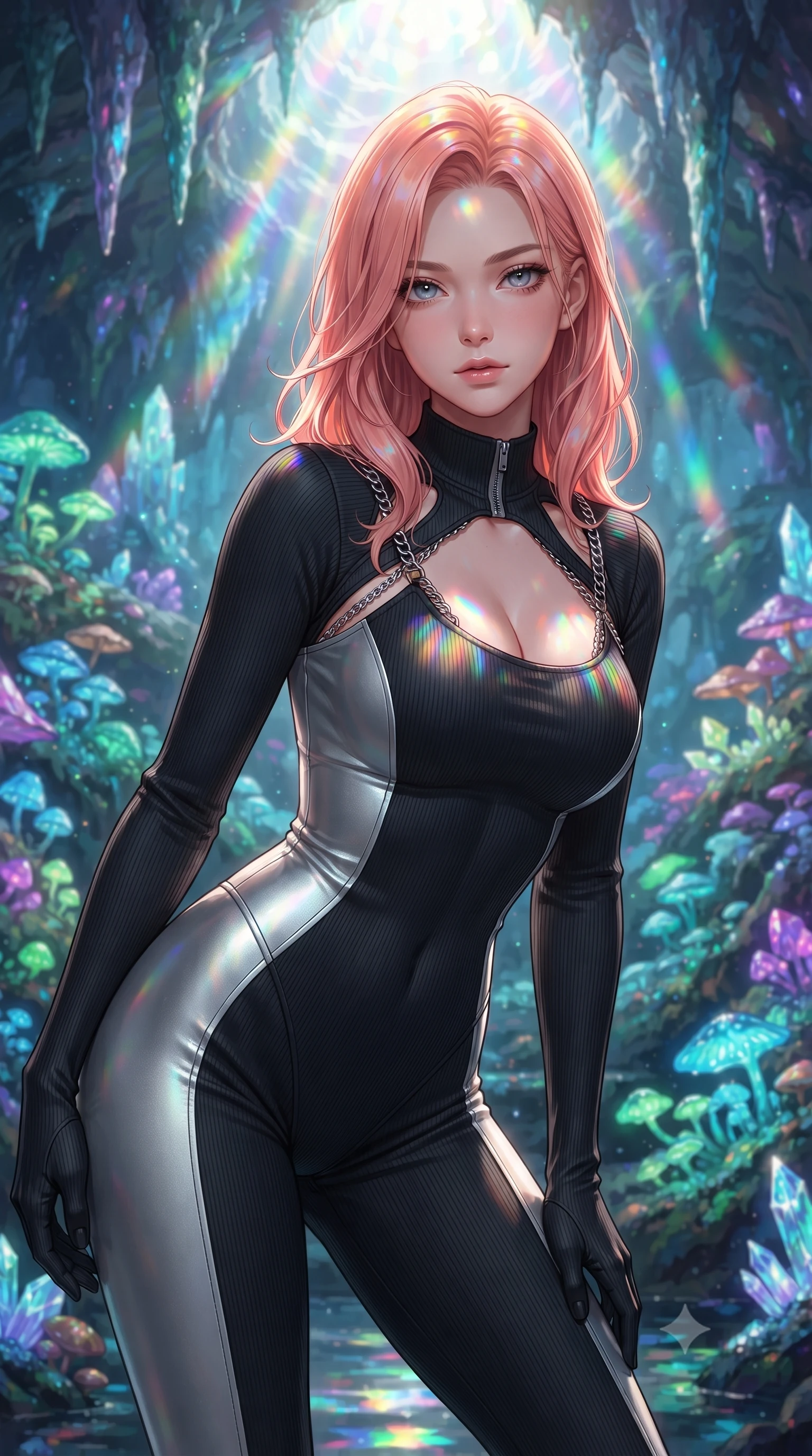 score_9, masterpiece, best quality, ultra-detailed, high-budget anime keyframe, editorial fashion photography, tasteful artistic composition, Japanese woman. close-up cowboy shot from the waist and thighs up, the character dominates the composition, filling the frame with her large presence, background elements kept in soft focus. Leaning slightly forward with a composed, seductive gaze under soft glowing light navigating a cavern filled with bioluminescent fungi and crystalline stalactites, sharp crystalline reflections creating an opulent, jewel-like ambience. She has an exceptionally elegant, slender, and willowy female figure with an ultra-slim waist, a gracefully sculpted slender torso, and a refined silhouette. sharp v-shaped jawline, high-bridge nose, intricate jewel-like eyes with depth, thick eyelashes, glossy lips with a natural sheen. wearing a form-fitting ribbed activewear set with collar cutouts in matte black and polished silver, formed from sleek second-skin neoprene, adorned with delicate metallic chain straps along the neckline, the glove-like fit emphasizing her statuesque silhouette. bathed in brilliant prismatic light filtering from a natural cavern skylight. highly saturated vibrant anime colors, detailed shading with soft gradients, rich glossy textures, high-contrast stereoscopic depth, volumetric dynamic lighting, master piece, 9:16 ratio