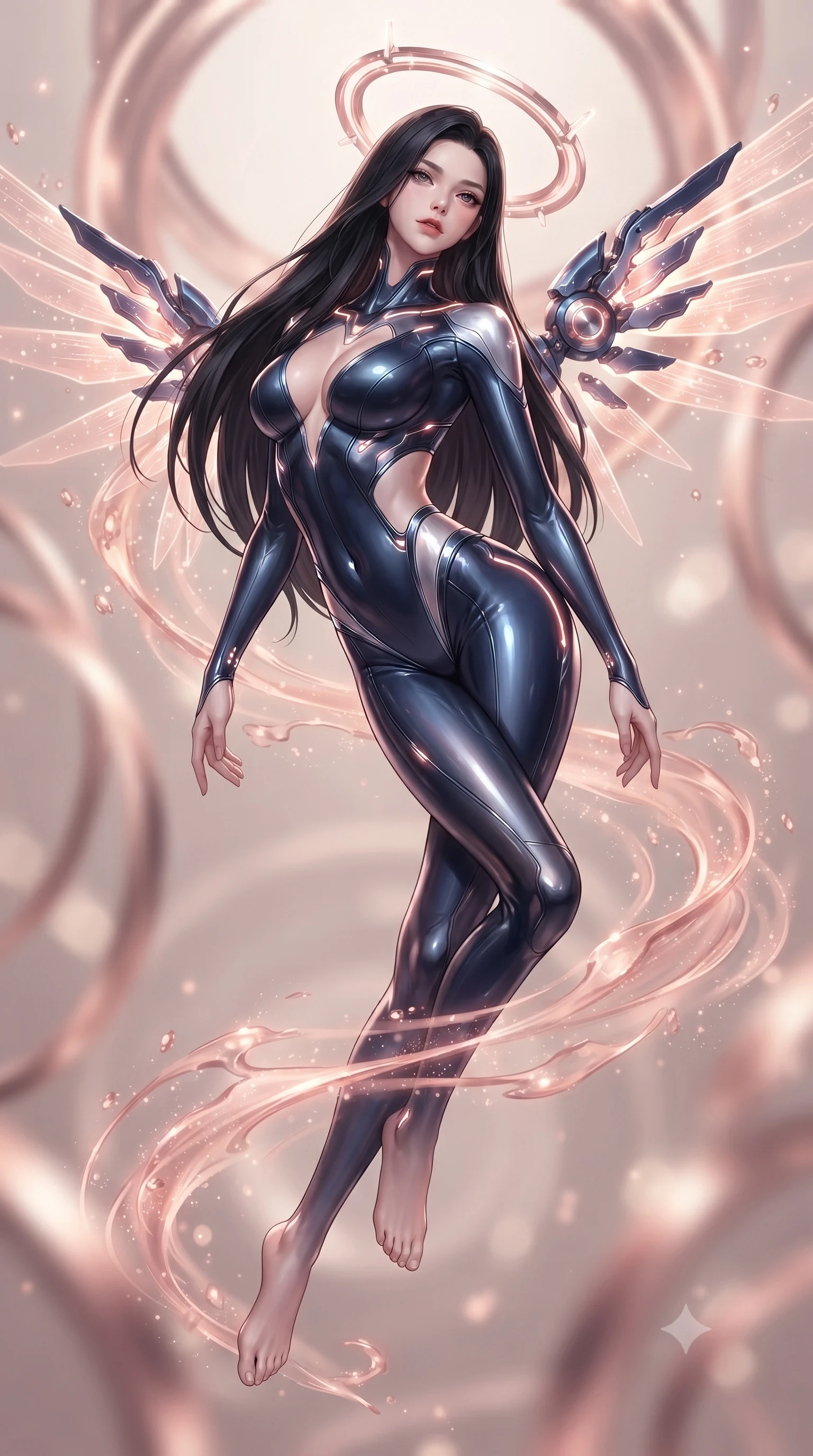 score_9, masterpiece, best quality, ultra-detailed, high-budget anime keyframe, editorial fashion photography, tasteful artistic composition, Korean woman. low angle full-body shot from head to toe showing her feet, filling the entire 9:16 vertical frame with her statuesque presence, stretching her vertical silhouette. arching her back gracefully in mid-air as glowing mechanical wings and floating cybernetic halos frame her statuesque presence while stretching her slender torso in an alluring S-curve as warm rose-gold nano-mist vapors swirl around her bare legs. The composition keeps background elements in soft focus with creamy bokeh. glowing pink nanotech fluid and rotating rose-gold halo rings blurred into soft, creamy pastel and champagne bokeh. She has an absolutely perfect, statuesque 8.5-heads proportion, an exceptionally tall and slender model-like female figure with impossibly long slender legs, a toned flat midriff, and an ultra-slim waist. sharp v-shaped jawline, high-bridge nose, intricate jewel-like eyes with depth, thick eyelashes, glossy lips with a natural sheen, flawlessly proportioned anatomical accuracy, strict slender model proportions, natural body alignment, perfectly sculpted long slender limbs, ultra-slim waistline, clean dynamic posture without body distortion. wearing an aerodynamic sculpted liquid-chrome bodysuit with glowing neon fiber-optic circuitry and an elegant high-fashion cut in deep midnight navy blue and pure starlight chrome, made of liquid jersey fabric that clings flawlessly to every contour of her build, accented with glowing fiber-optic seams tracing her collarbones and hip curves, the precision-cut daring openings accentuating her delicate midriff, graceful bare collarbones, and ultra-slim feminine waistline. bathed in soft glowing rose-gold and pink nanotech ambient radiance with pure white key lighting. ultra-reflective glossy finish, specular highlights, dark metallic sheen, high-contrast stereoscopic depth, volumetric dynamic lighting, 2k, ultra detail, master piece, 9:16 ratio