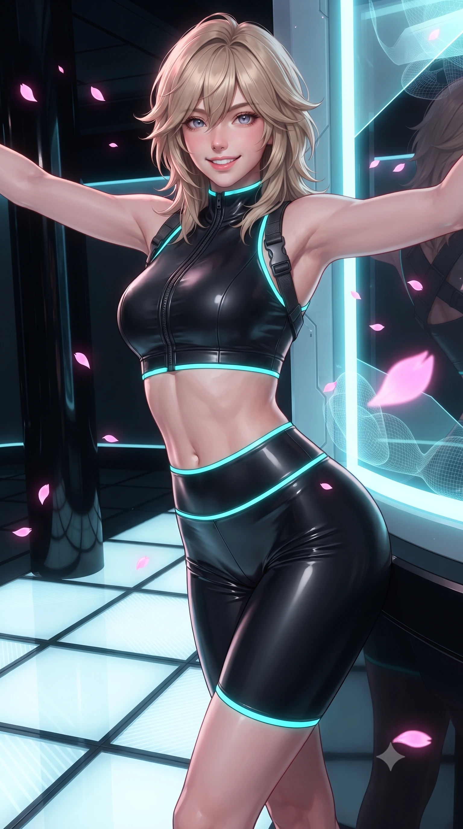 score_9, masterpiece, best quality, ultra-detailed, high-budget anime keyframe, editorial fashion photography, tasteful artistic composition, Japanese woman. close-up cowboy shot from the waist and thighs up, the character dominates the composition, filling the frame with her large presence. leaning back against the glowing maintenance bulkhead with relaxed seductive grace, her flat midriff and narrow waist highlighted as laser ambient light traces her curves while twisting her slender torso in an alluring S-curve as floating neon pink sakura petals drift past her tight suit and curvy hips. The surrounding environment is rendered in vivid detail and crisp panoramic clarity: sharp glass tatami grid lines, black lacquer pillar reflections, and digital petal wireframe clarity in deep focus. She has an exceptionally elegant, slender, and willowy female figure with an ultra-slim waist, flat toned midriff, narrow ribcage, and sculpted feminine hips creating an alluring, slim hourglass silhouette without bulk. sharp v-shaped jawline, high-bridge nose, intricate jewel-like sparkling eyes with depth, thick eyelashes, glossy parted lips with a natural sheen, bright confident smile with an enchanting and coquettish sensual glint, exuding both youthful magnetic charm and sovereign high-tech allure, flawlessly proportioned anatomical accuracy, strict slender model proportions, natural body alignment, perfectly sculpted long slender limbs, ultra-slim waistline, clean dynamic posture without body distortion. wearing a sleek two-piece combat athletic set with a zip-front mock-neck crop top and contouring biker shorts hugging her curvy hips in matte obsidian black and glowing neon cyan trim, made of smooth liquid latex with high-contrast stereoscopic depth and wet shine, finished with criss-cross Kevlar tactical straps tracing her graceful shoulder blades, the form-fitting tactical tailoring adhering flawlessly to her sculpted flat midriff and slender torso, emphasizing her long leg lines and perfectly proportioned willowy build. illuminated by floor light panels and sharp rose-gold rim lighting sculpting her razor-sharp jawline, narrow waist, and curvy hips. ultra-reflective glossy finish, specular highlights, rich textural contrasts, high-contrast stereoscopic depth, volumetric dynamic lighting, 2k, ultra detail, master piece, 9:16 ratio