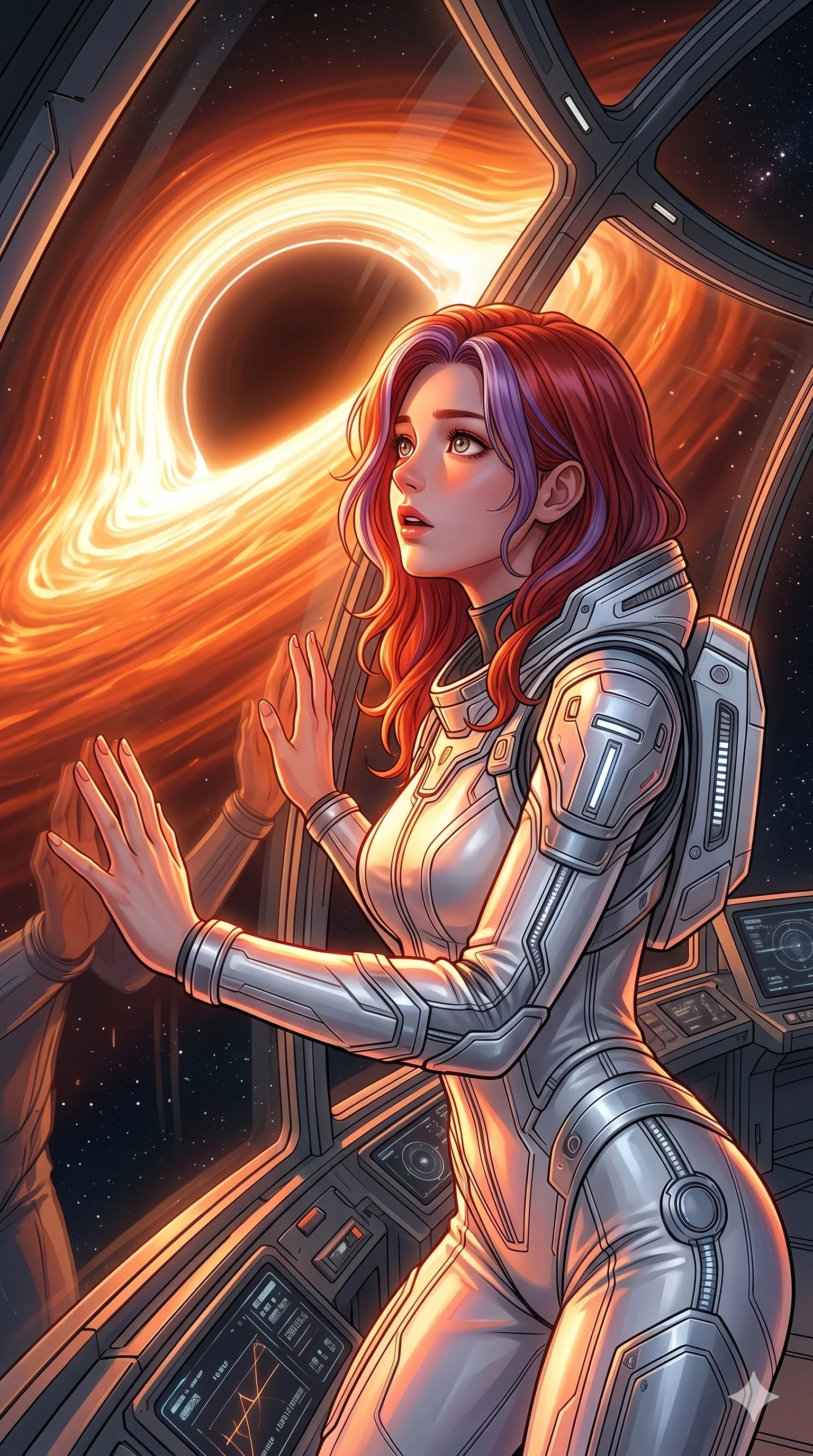 score_9, masterpiece, best quality, ultra-detailed, high-budget anime keyframe, Caucasian woman, strictly human ears. Upper body close-up from the thighs up, character filling the screen for maximum presence. Standing in a glass observatory overlooking a black hole, looking at the black hole with an awe-struck, intense expression. She is wearing a sleek white and silver jumpsuit with structured shoulder panels. The scene is drenched in the brilliant light of the black hole's accretion disk. 2k, ultra detail, master piece, 9:16 ratio