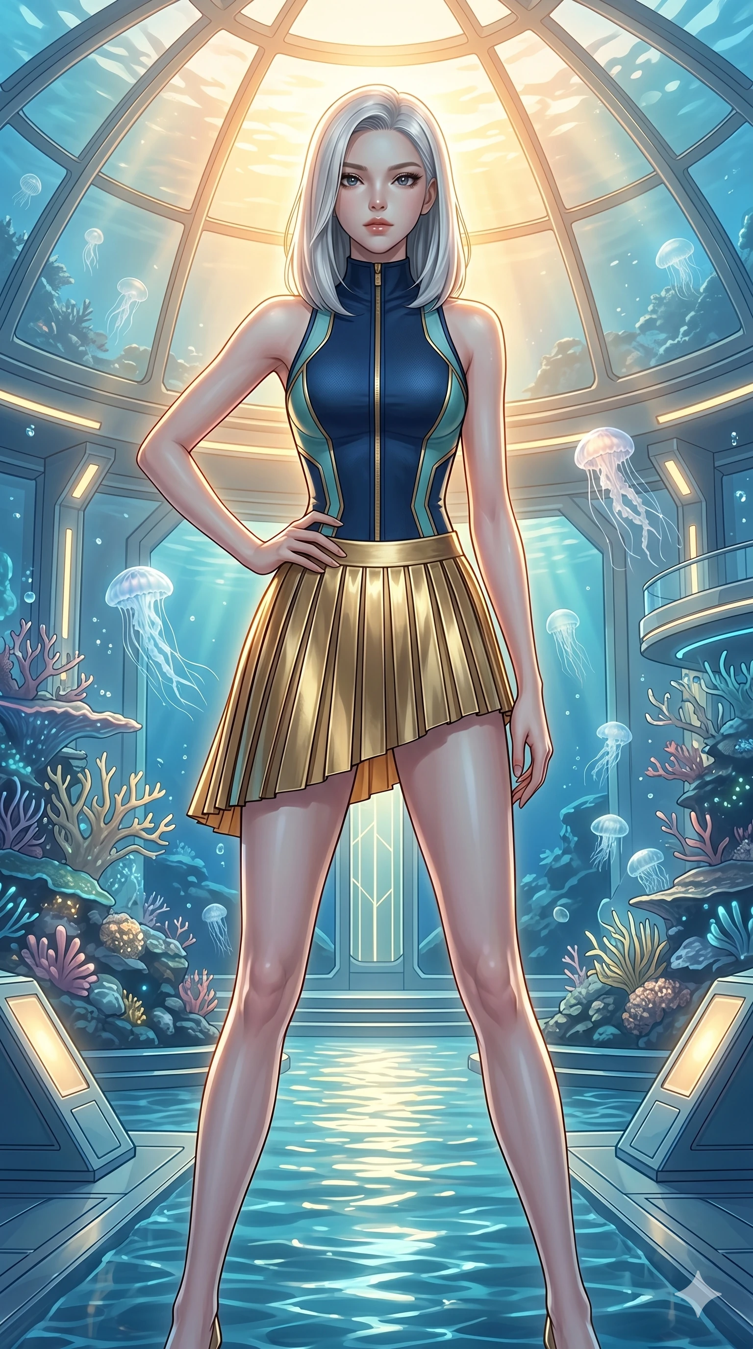 score_9, masterpiece, best quality, ultra-detailed, high-budget anime keyframe, editorial fashion photography, tasteful artistic composition, Korean woman. cowboy shot from the thighs up, character and outfit filling the frame for maximum editorial presence. Holding a confident power pose with one hand on her hip within a submerged futuristic palace surrounded by bioluminescent coral and jellyfish. She has an absolutely perfect 8-heads proportion, an exceptionally tall and slender female figure with impossibly long slender legs and an ultra-slim waist. V-shaped jawline, high-bridge nose, intricate jewel-like eyes with depth, thick eyelashes, glossy lips with a natural sheen. wearing a structured high-neck athletic bodysuit in deep navy with bold architectural side paneling and a gold zip detail, layered under an asymmetric pleated metallic mini skirt at mid-thigh. under warm golden hour backlighting creating a luminous radiant halo around her silhouette. 2k, ultra detail, master piece, 9:16 ratio