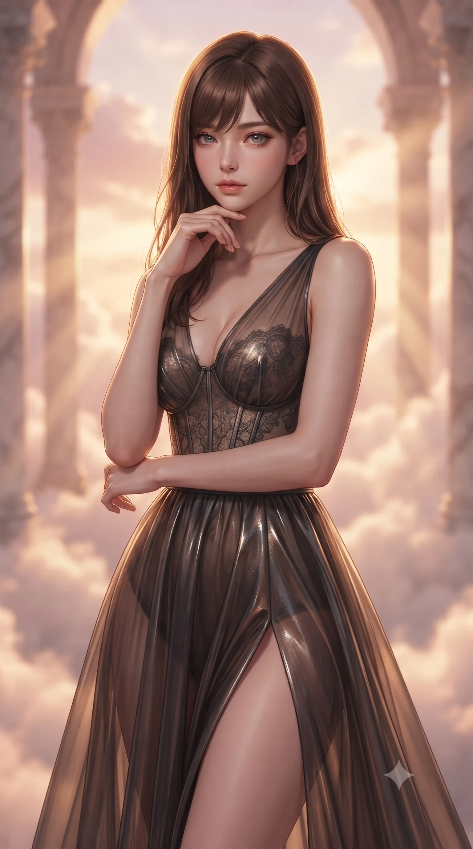 score_9, masterpiece, best quality, ultra-detailed, high-budget anime keyframe, editorial fashion photography, tasteful artistic composition, Korean woman woman. close-up cowboy shot from the waist and thighs up, the character dominates the composition, filling the frame with her large presence, background elements kept in soft focus. She has an exceptionally elegant, slender, and willowy female figure with an ultra-slim waist, a gracefully sculpted slender torso, and a refined silhouette. resting her chin on the back of her fingers in a thoughtful and effortless pose, flawlessly proportioned anatomical accuracy, natural body alignment, perfectly sculpted elegant limbs, clean dynamic posture without body distortion. set against a soft-focus background of a rose-gold floating cloud sanctuary with marble colonnades. wearing a dark sheer tulle evening gown with an intricate lace corset and daring thigh-high slit. bathed in warm sunset sunbeams slicing through misty cloud drapes with a golden rim light. ultra-reflective glossy finish, specular highlights, metallic sheen, high-contrast stereoscopic depth, volumetric dynamic lighting, 2k, ultra detail, master piece, 9:16 ratio