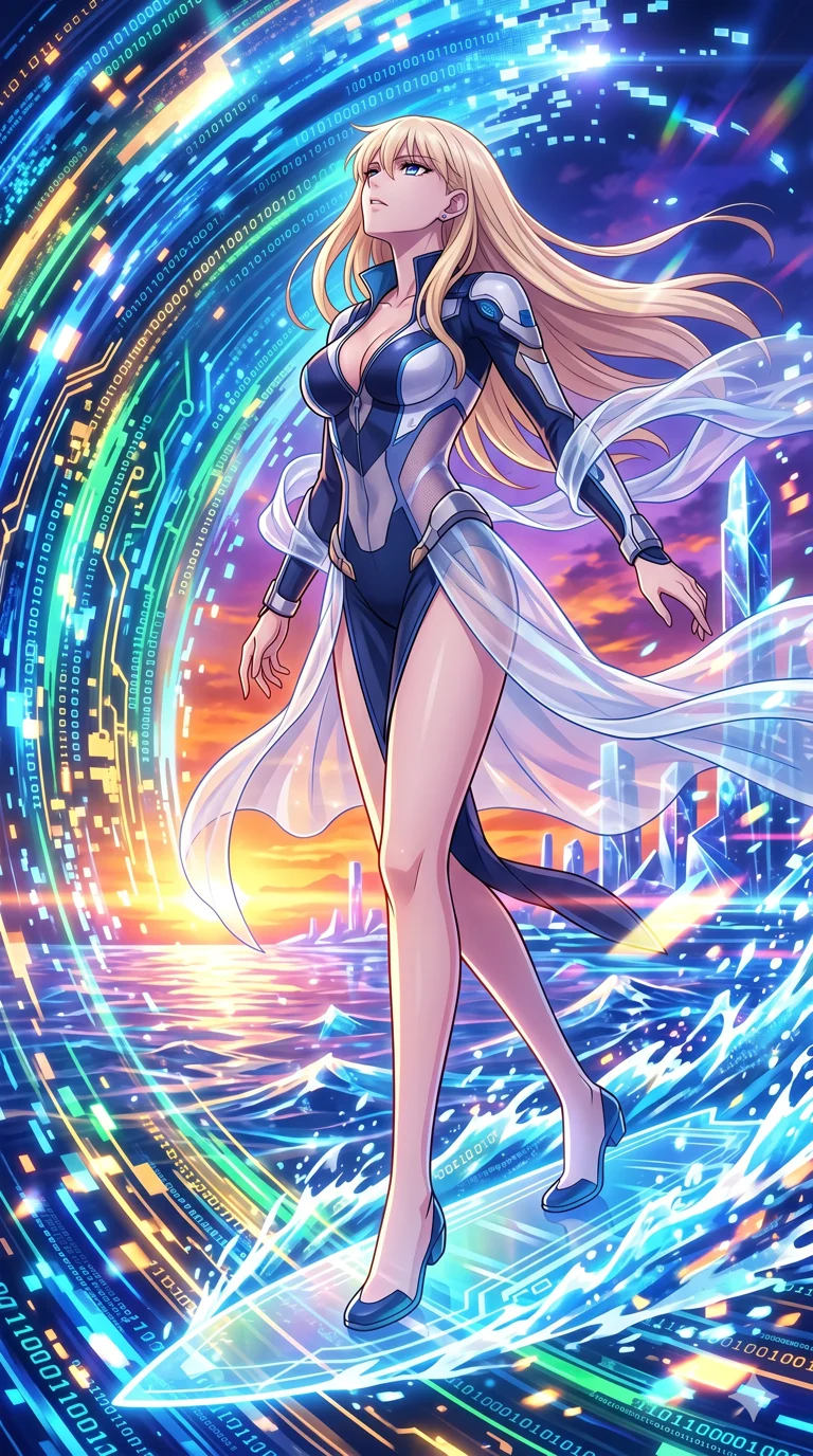 score_9, masterpiece, best quality, ultra-detailed, High-budget Anime Keyframe, vibrant colors, fluid line-art, expressive lighting, cinematic composition, Ufotable-style visual effects, top-tier animation quality, Caucasian woman with pale skin, blonde hair, and (strictly human ears). Low angle cowboy shot filling the entire 9:16 frame with her statuesque presence, looking up to emphasize her height. Surfing on a massive wave of pure data within a virtual world, the landscape changing rapidly as she speeds through. She has an absolutely perfect 8-heads proportion, an exceptionally tall and slender female figure with impossibly long slender legs and an ultra-slim waist, her statuesque height and towering silhouette dominating the vertical 9:16 frame. Her face is a masterpiece featuring a sharp v-shaped jawline, high-bridge nose, intricate jewel-like eyes with depth, thick eyelashes, and glossy lips with a natural sheen. She is wearing a Sci-fi pilot flight suit with an open collar and strategically placed mesh panels crafted from Sheer silk that is almost transparent, flowing like water around her statuesque frame, with a dangerous high slit that showcases her impossibly long slender legs. The scene is set in a vibrant sunset over a futuristic crystalline ocean with waves made of liquid light, illuminated by dynamic strobe effects that capture her movement in a series of sharp fragments. 2k, ultra detail, master piece, 9:16 ratio
