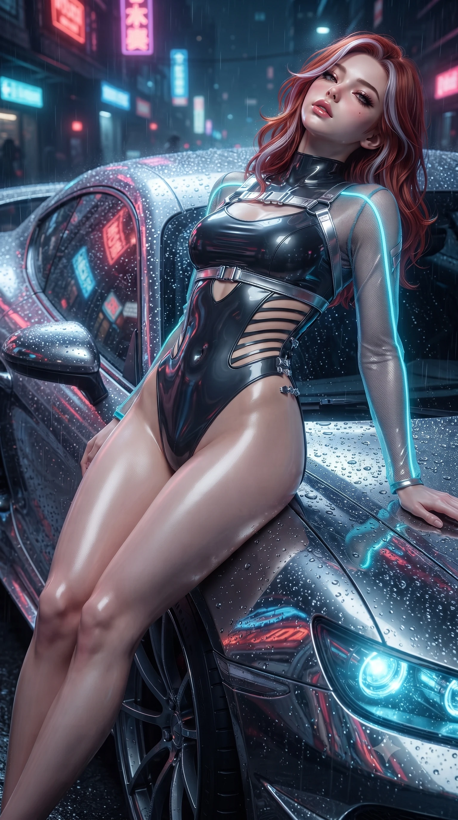 score_9, masterpiece, best quality, ultra-detailed, high-budget anime keyframe, editorial fashion photography, tasteful artistic composition, Caucasian woman. close-up cowboy shot from the waist and thighs up, the character dominates the composition, filling the frame with her large presence. tilting her head back with a sensual alluring expression, exposing her throat and shoulders to the camera with heavy lashes and softly parted glossy lips while stretching her long slender legs along the curved chassis of a hyper-car with a dangerous smoldering stare. The surrounding environment is rendered in vivid detail and crisp panoramic clarity. crisp chrome car bodywork reflections, detailed rain droplet beads, and glowing hyper-car headlights in deep focus. She has an exceptionally elegant, slender, and willowy female figure with an ultra-slim waist, a gracefully sculpted slender torso, and a refined silhouette. sharp v-shaped jawline, high-bridge nose, intricate jewel-like eyes with depth, thick eyelashes, glossy lips with a natural sheen, flawlessly proportioned anatomical accuracy, natural body alignment, perfectly sculpted elegant limbs, clean dynamic posture without body distortion. wearing an ultra-sleek high-cut tech-bodysuit featuring dangerous diagonal slitted cutouts on the midriff and shoulders, reinforced by a metallic silver harness and sheer mesh sleeves in liquid mercury silver and glowing electric cyan, crafted from ultra-reflective second-skin latex with a glass-like polish, finished with an ultra-high side slit secured by miniature magnetic clasps, the sleek aerodynamic cut emphasizing her magnetic presence and alluring physical grace. surrounded by a high-octane, dangerous, and unapologetically sensual cyberpunk noir ambiance. ultra-reflective glossy finish, specular highlights, metallic sheen, high-contrast stereoscopic depth, volumetric dynamic lighting, 2k, ultra detail, master piece, 9:16 ratio